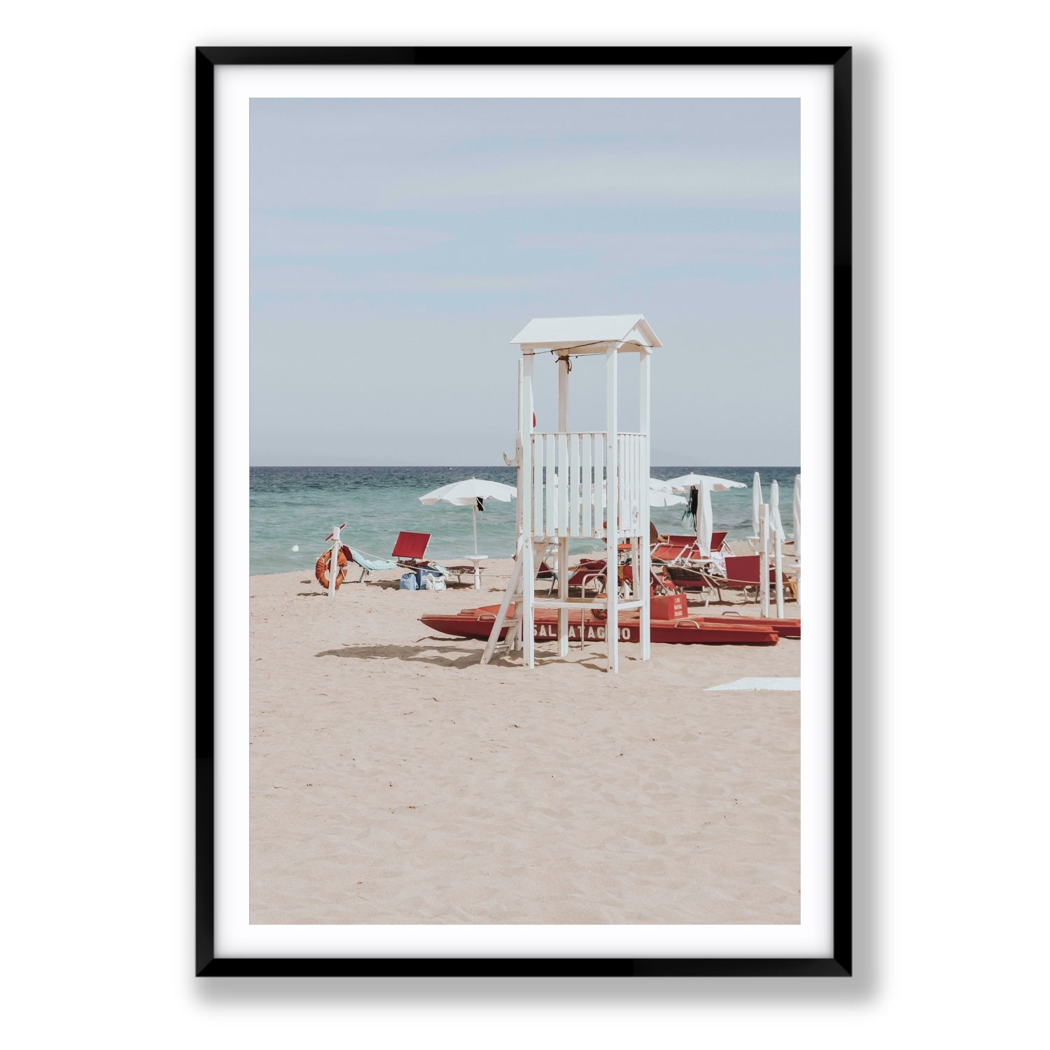 Barefoot Bliss Puglia beach Italian coastal decor wall art Statement fine art print in black frame with matboard