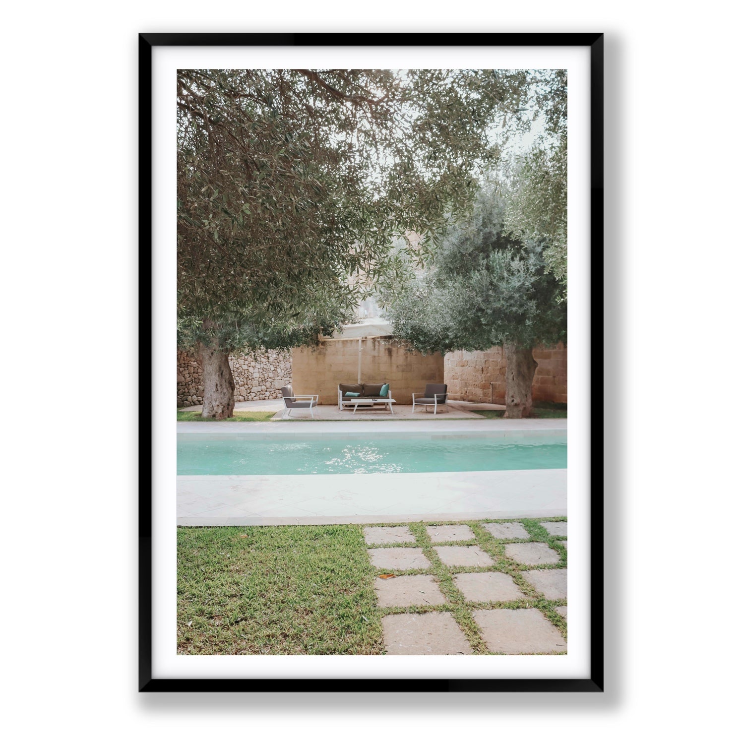 Idyllic Escape Puglia Mediterranean wall art Statement fine art print in black frame with matboard