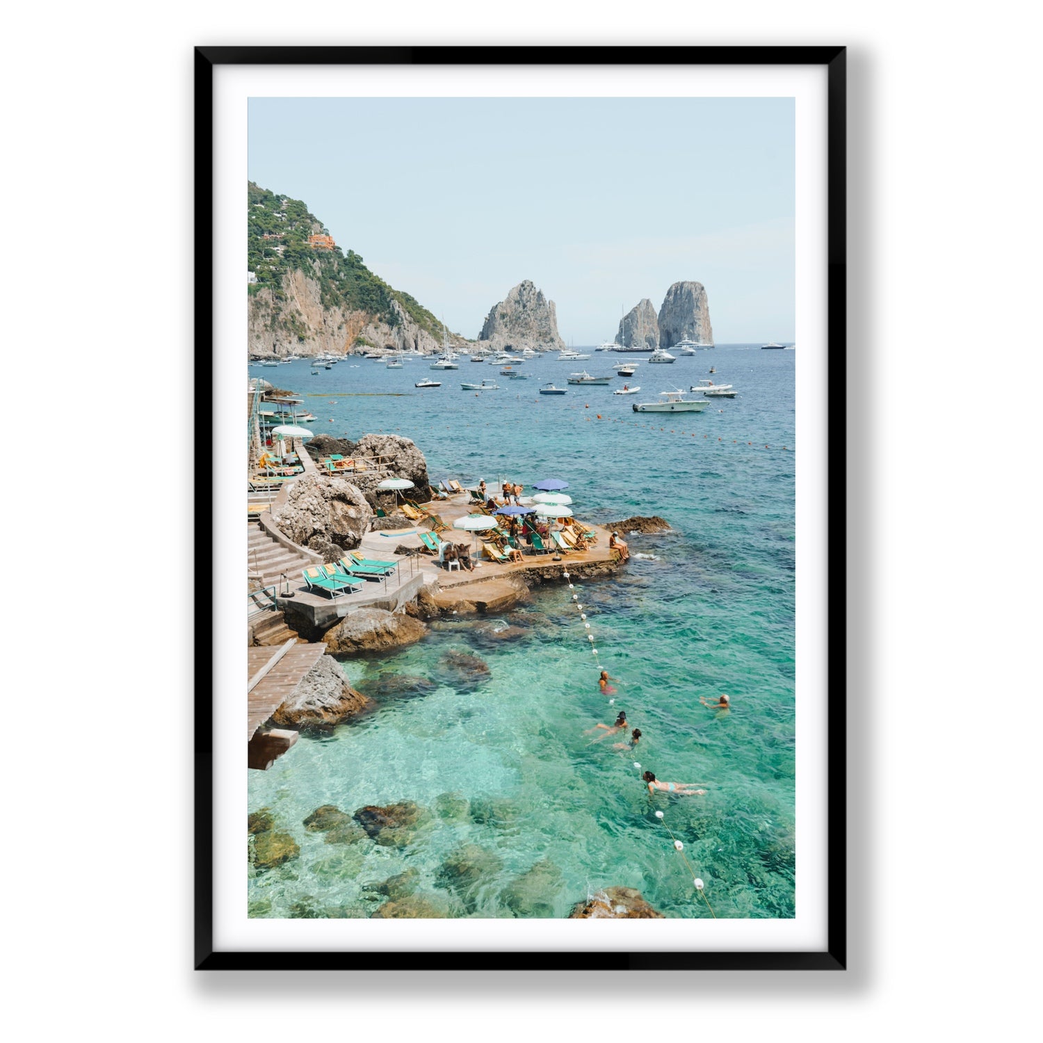 Summertime Blues Capri Mediterranean wall art Statement fine art print in black frame with matboard