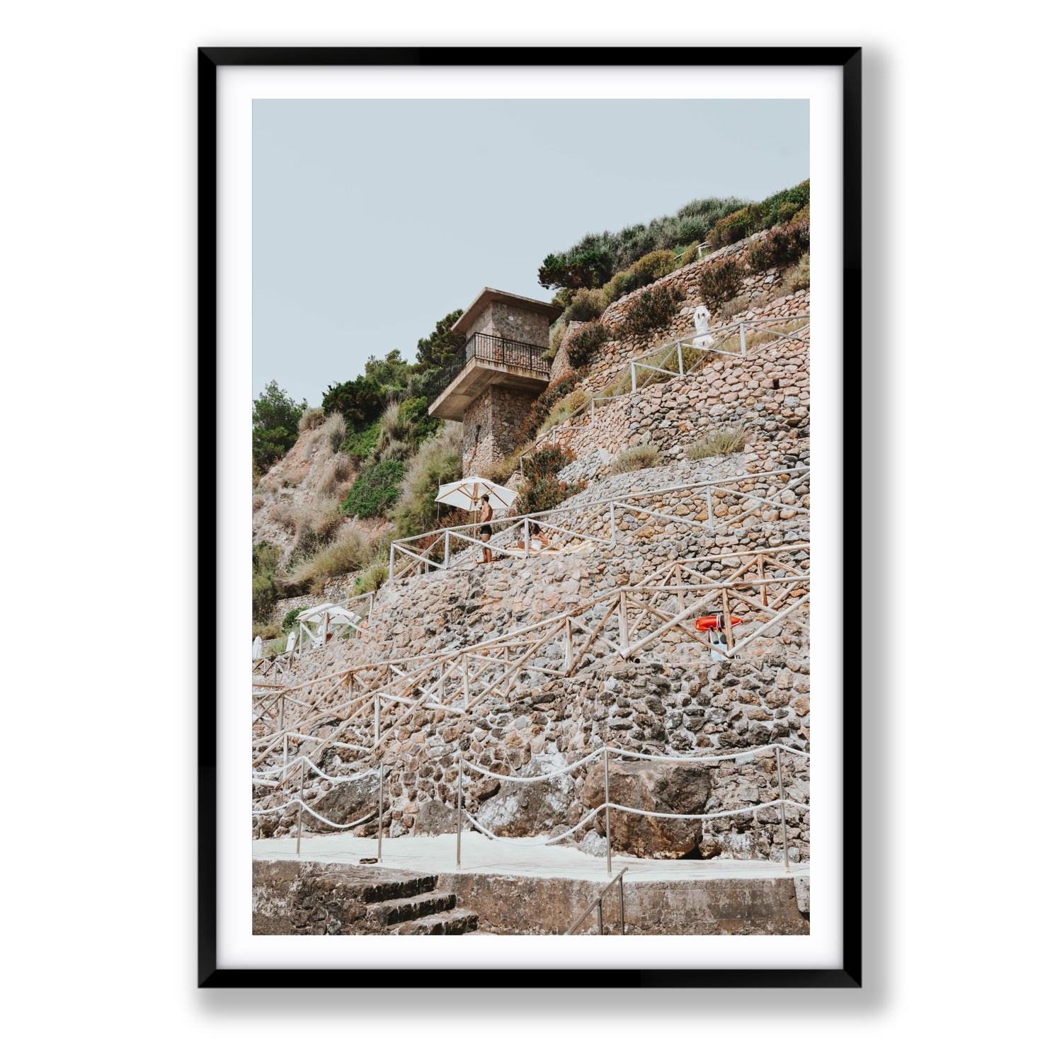 Solitude by the Sea Tuscany coastal Italian wall art Statement fine art print in black frame with matboard