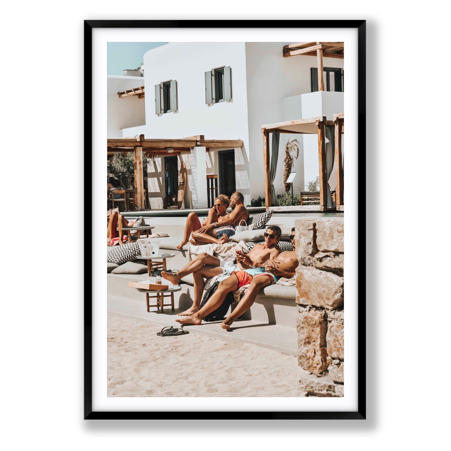 Style That Sizzles Mykonos Greek island wall art Statement fine art print in black frame with matboard