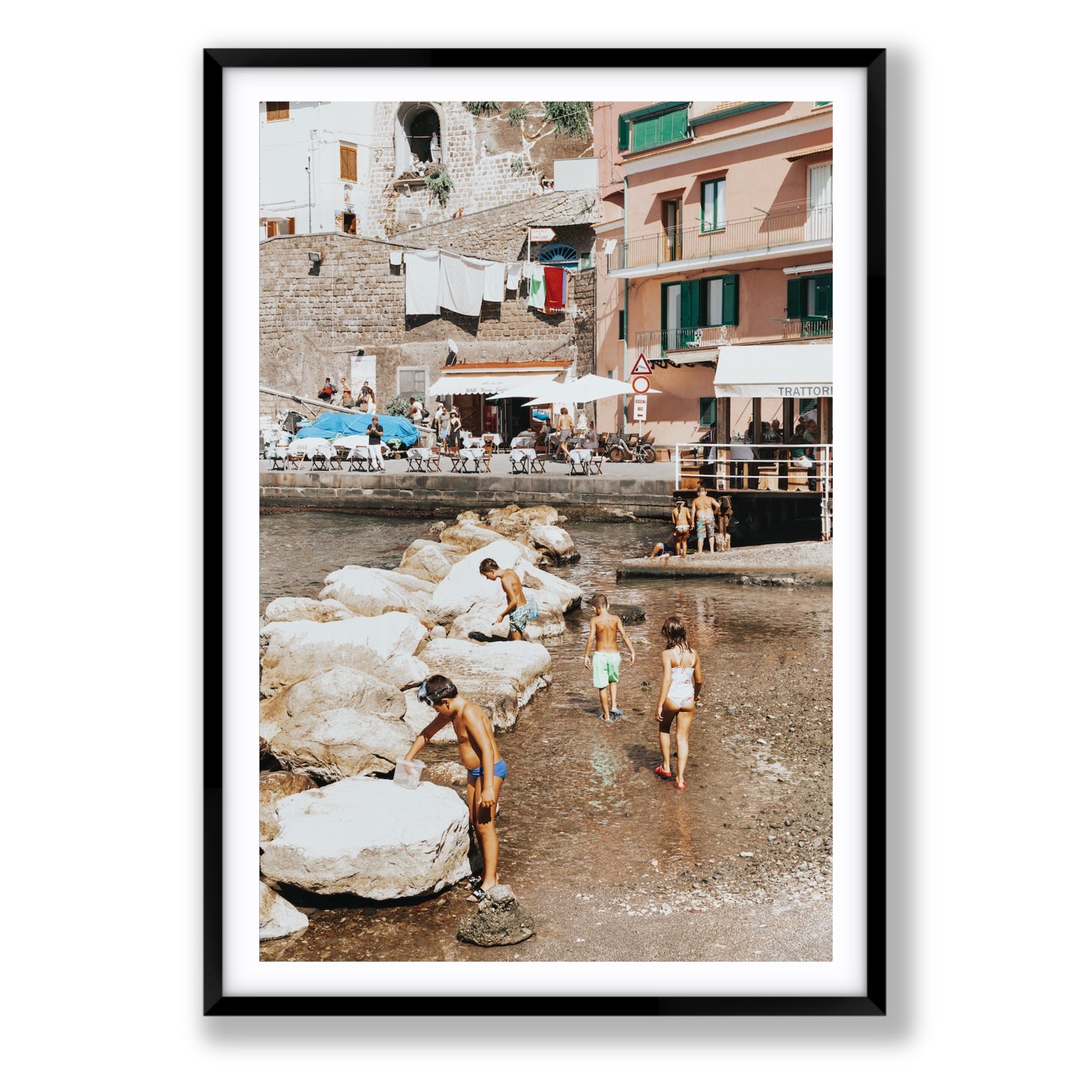 The Beachcombers Sorrento beach coastal wall art Statement fine art print in black frame with matboard