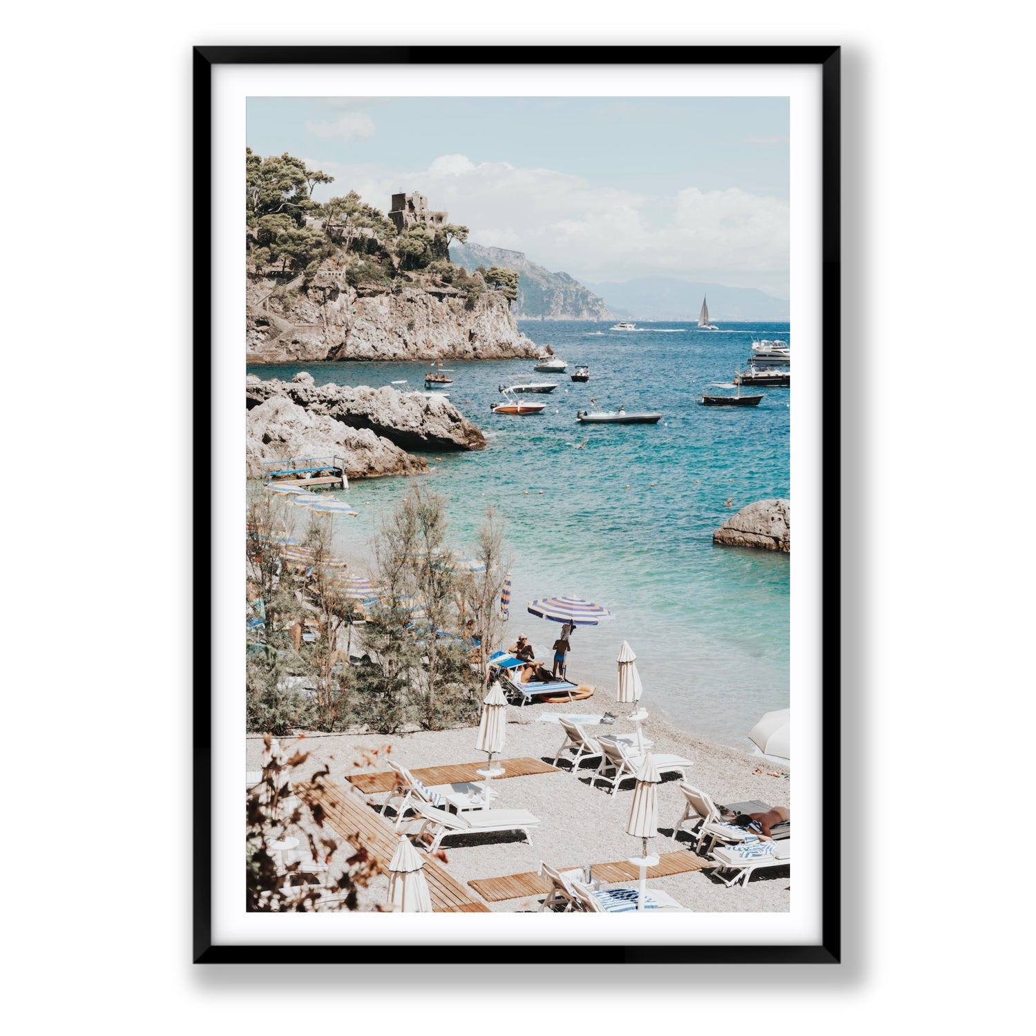 Sizzling Summer Days Amalfi coastal wall art Statement fine art print in black frame with matboard