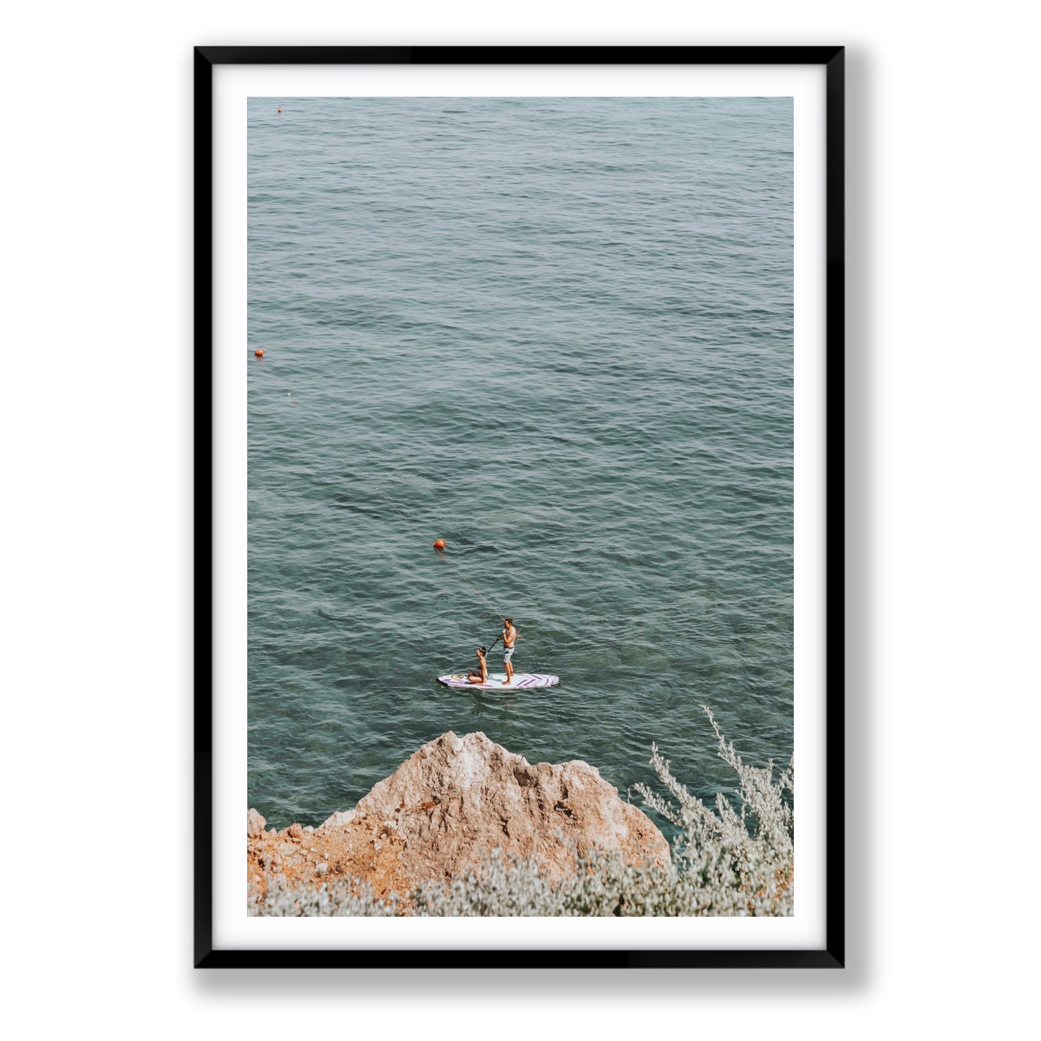 Into The Vibe Without Getting Wet Tuscany coastal wall art Statement fine art print in black frame with matboard