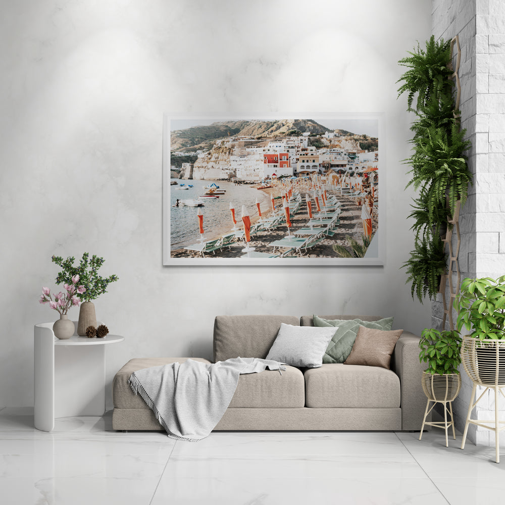 Sole Estivo Ischia Italian coastal wall art white framed print styled in a room