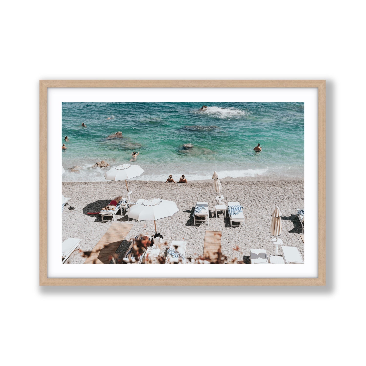 Amicizia Amalfi Italian beach wall art Giant fine art print in natural oak frame with matboard