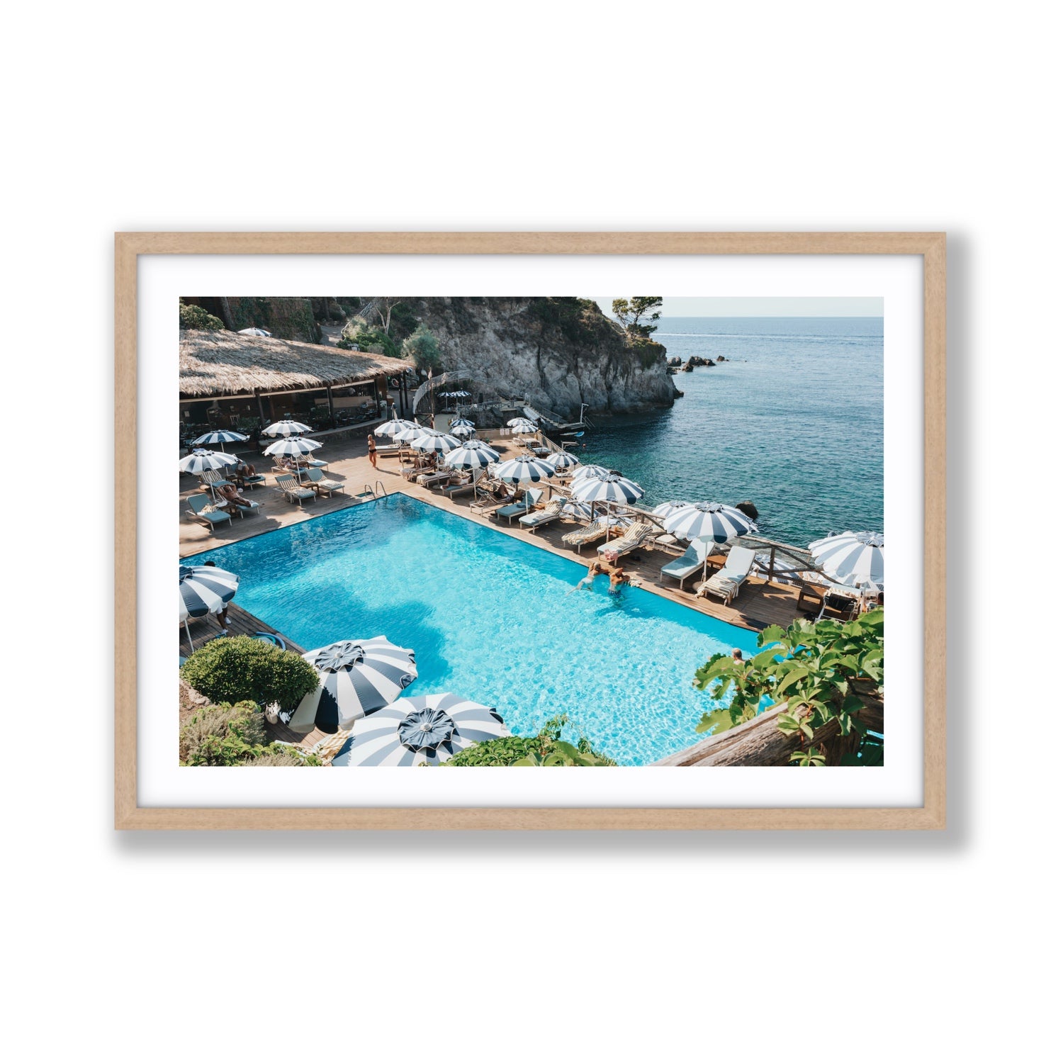 Oceanview Ischia Italian coastal wall art Giant fine art print in natural oak frame with matboard
