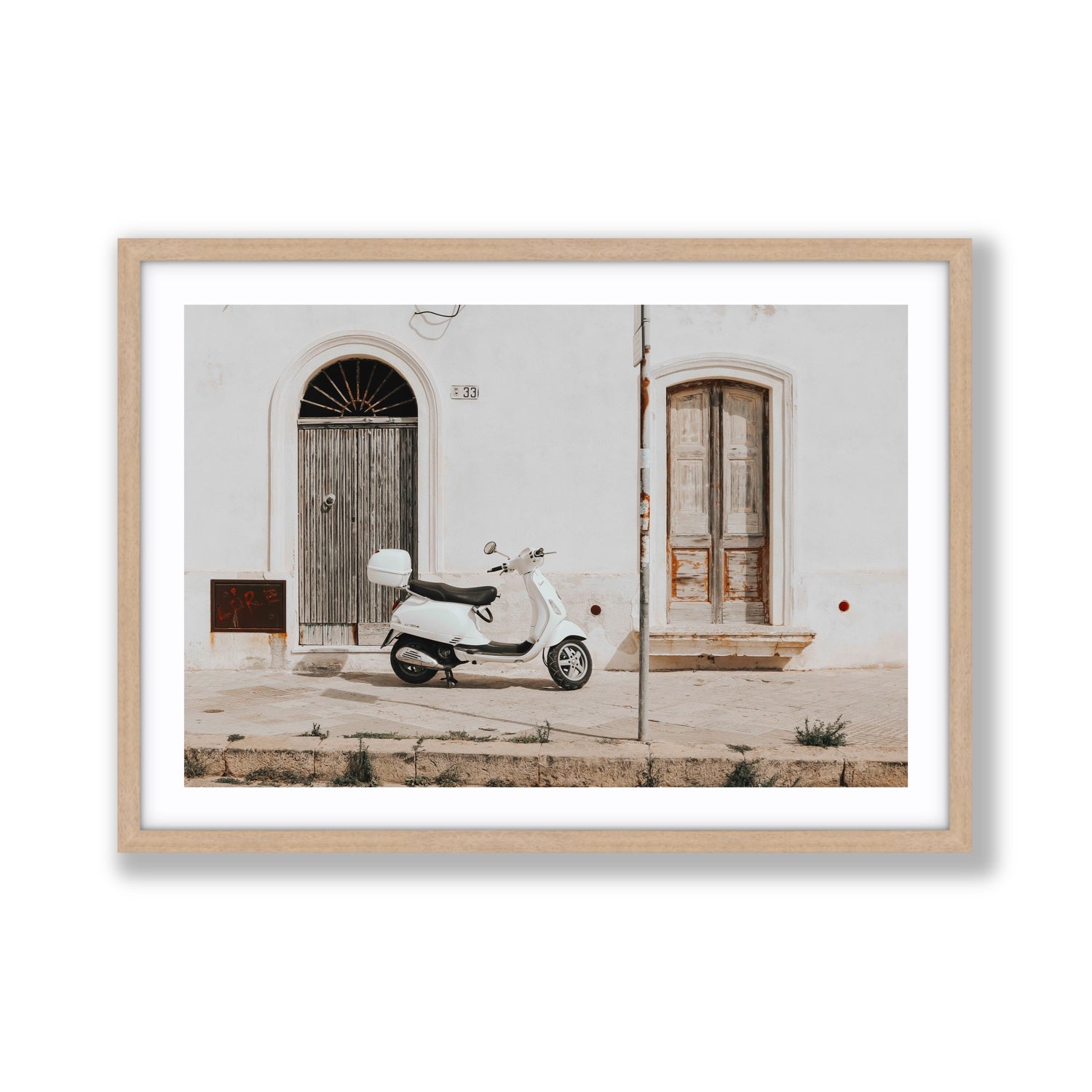 Vespa Nostalgia Puglia Italian wall art Giant fine art print in natural oak frame with matboard