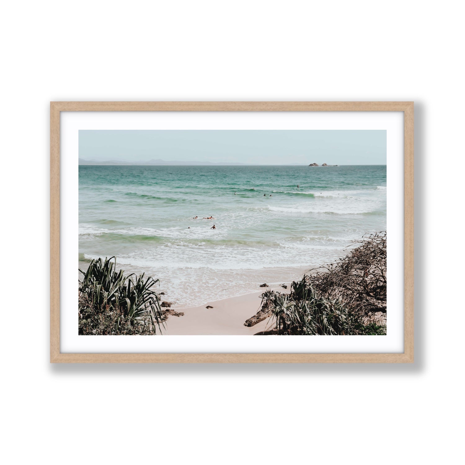 Surf City Byron Bay Surf coastal wall art Giant fine art print in natural oak frame with matboard