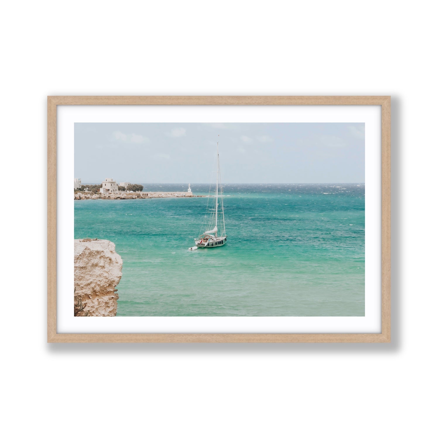Adriatic Escape Puglia Italian coastal decor wall art Giant fine art print in natural oak frame with matboard