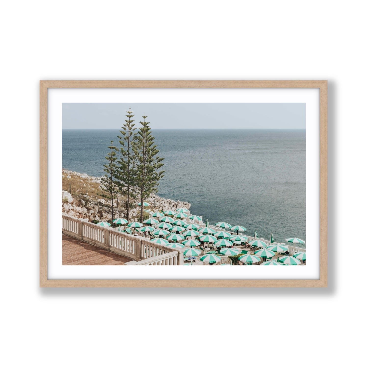 Azure Horizon Puglia beach coastal wall art Giant fine art print in natural oak frame with matboard