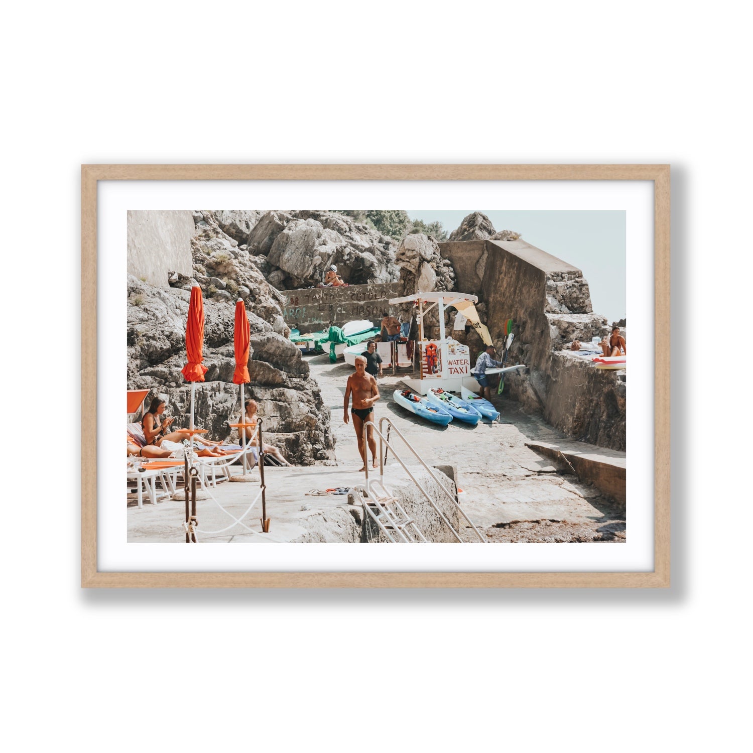 The Local Praiano Amalfi Coast Mediterranean wall art Giant fine art print in natural oak frame with matboard