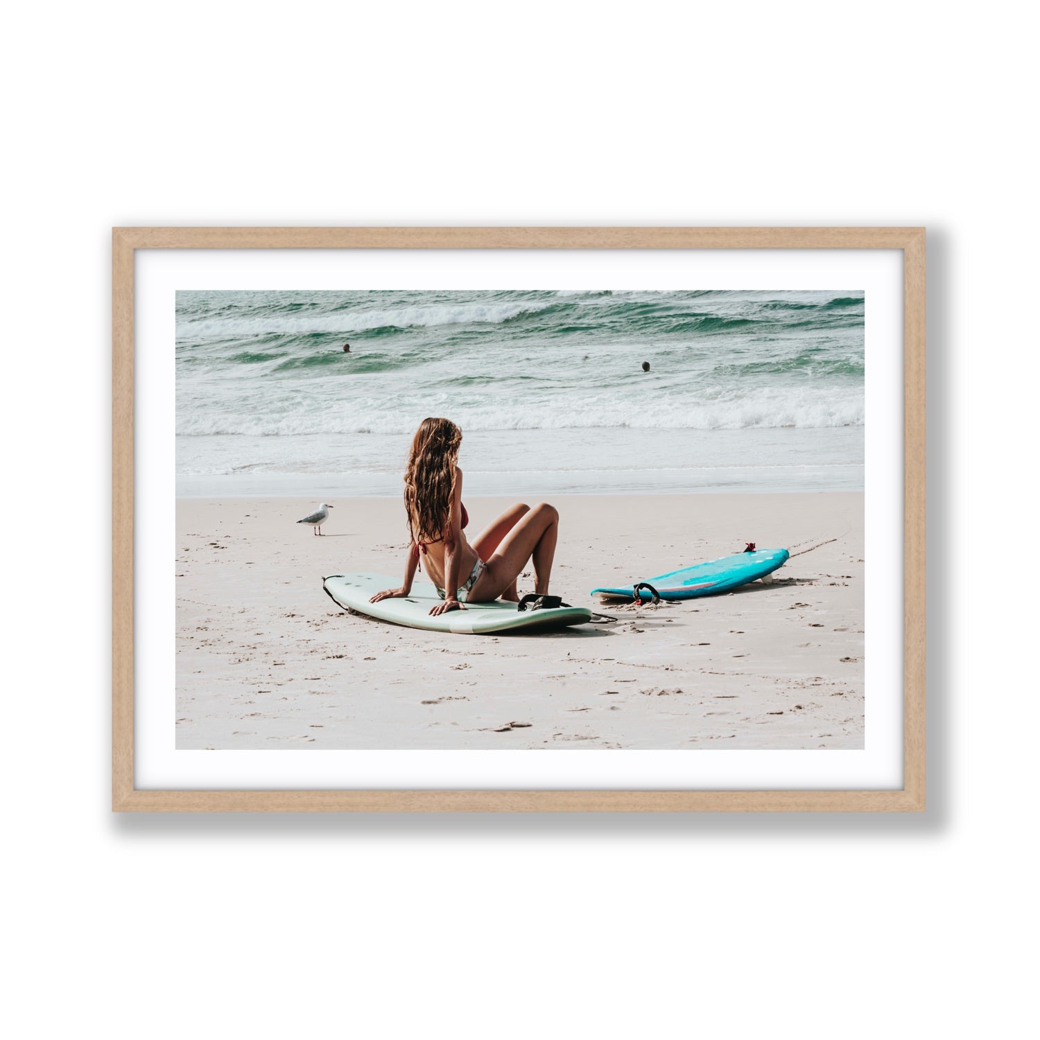 Ciao Bella Byron Bay Surf coastal wall art Giant fine art print in natural oak frame with matboard