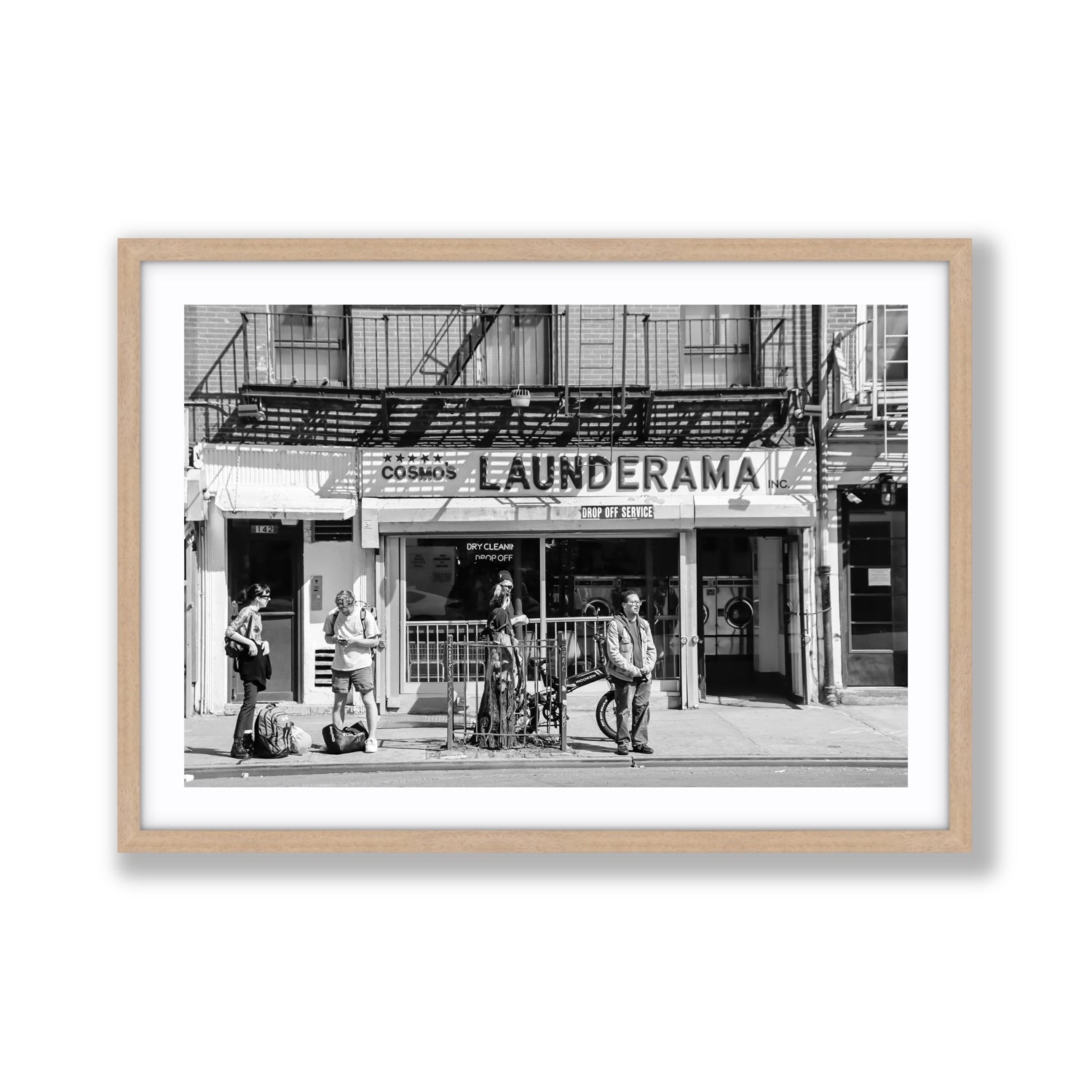 Launderama New York NYC Black & White wall art Giant fine art print in natural oak frame with matboard