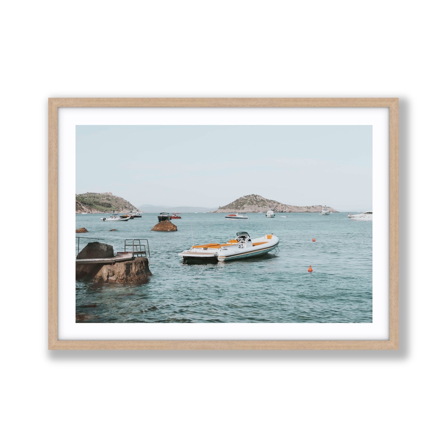 The Azure Sea Tuscany coastal Italian wall art Giant fine art print in natural oak frame with matboard