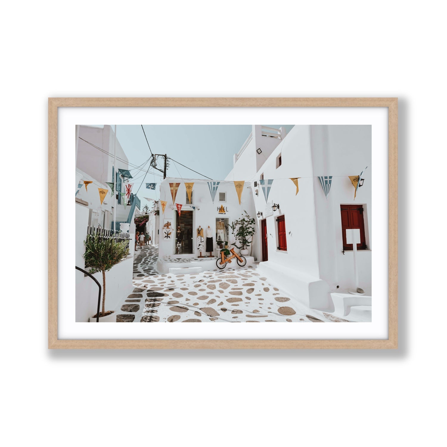 Cruising The Streets Mykonos Greek island wall art Giant fine art print in natural oak frame with matboard