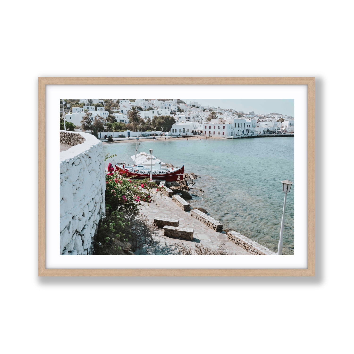 Harika Mykonos Greek island wall art Giant fine art print in natural oak frame with matboard