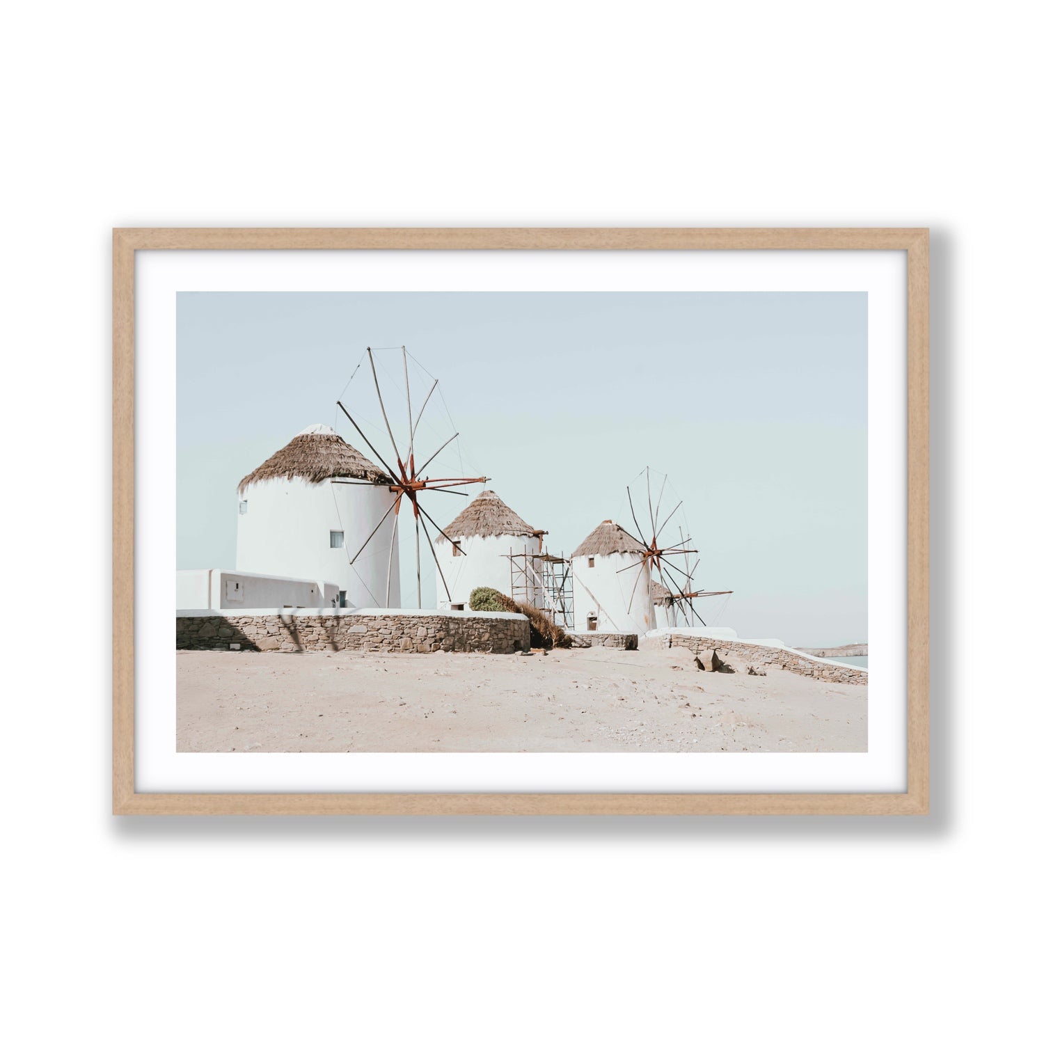 Rustic Icons Mykonos Greek island wall art Giant fine art print in natural oak frame with matboard