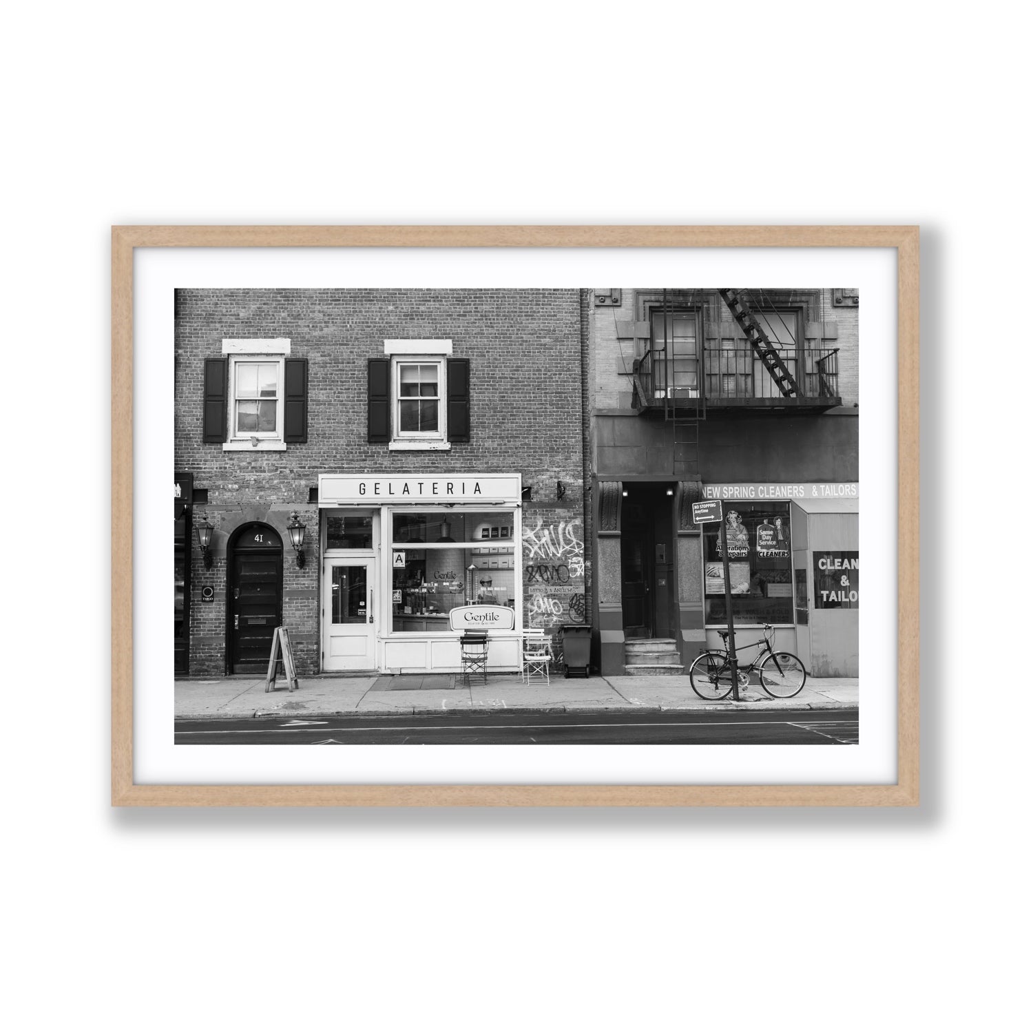 West Village Dolcezza New York NYC Black & White wall art Giant fine art print in natural oak frame with matboard