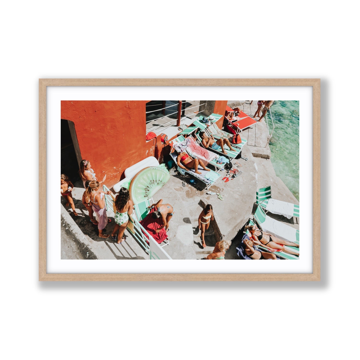 Italianita Capri beach Mediterranean wall art Giant fine art print in natural oak frame with matboard