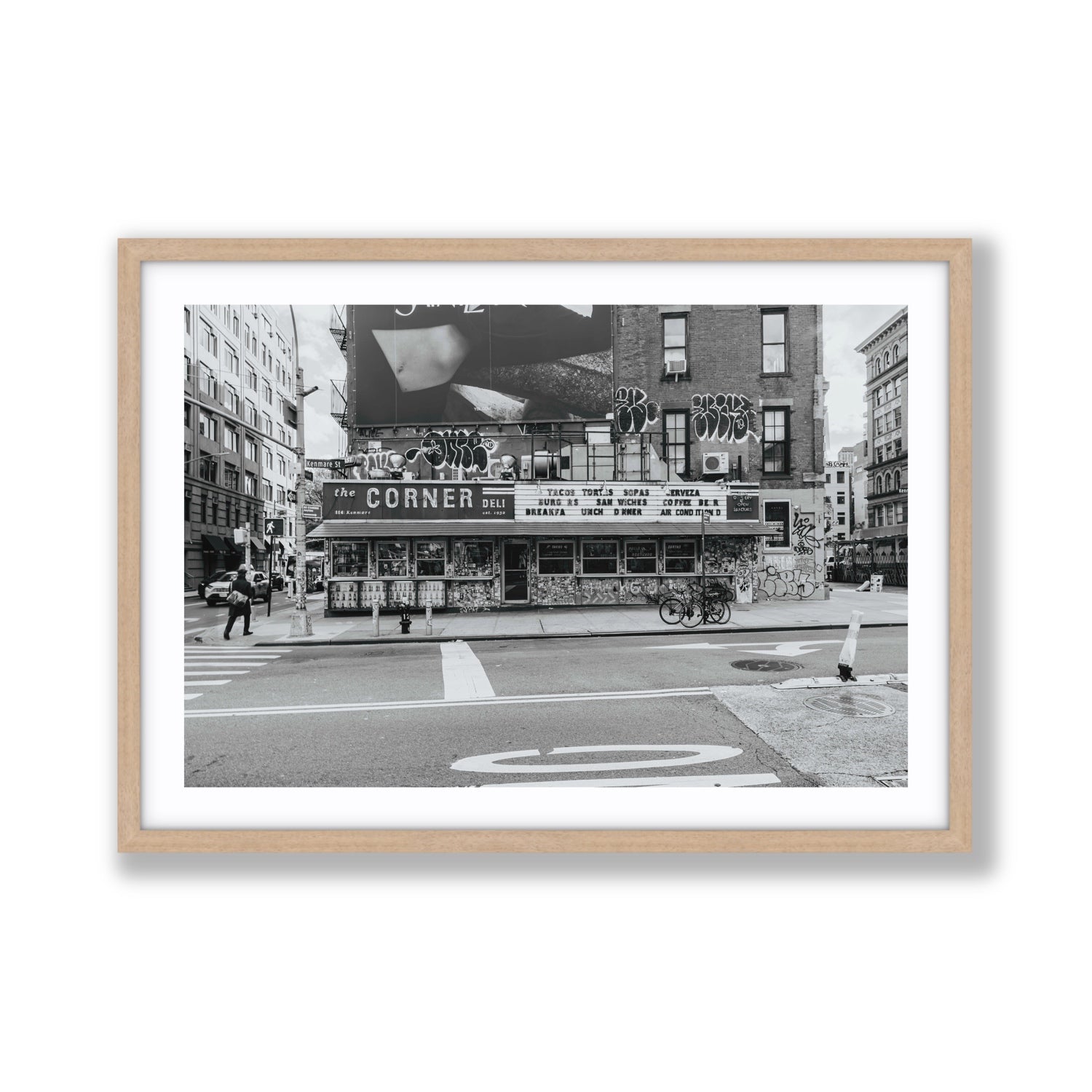 Kenmare Street New York NYC Black & White wall art Giant fine art print in natural oak frame with matboard