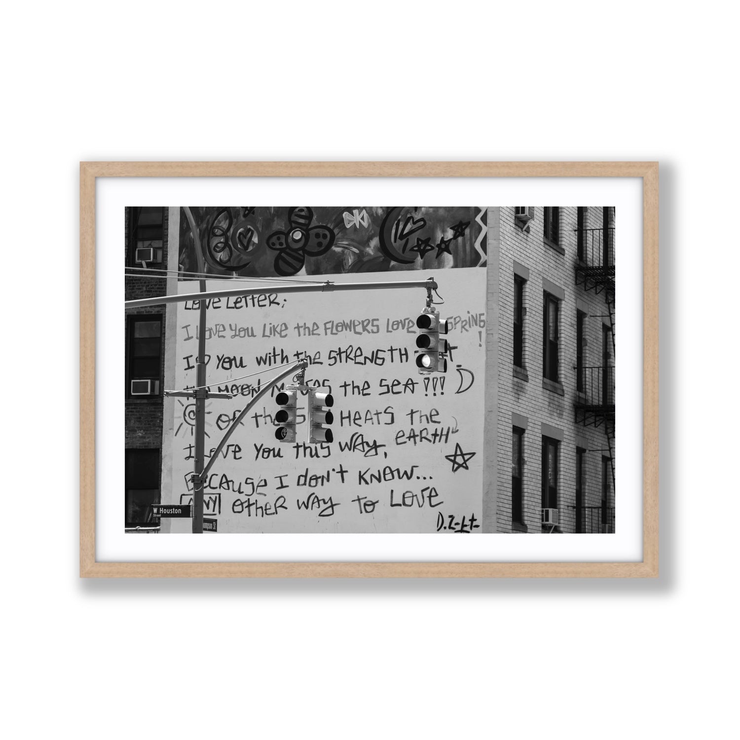 Love Letter New York NYC Black & White wall art Giant fine art print in natural oak frame with matboard