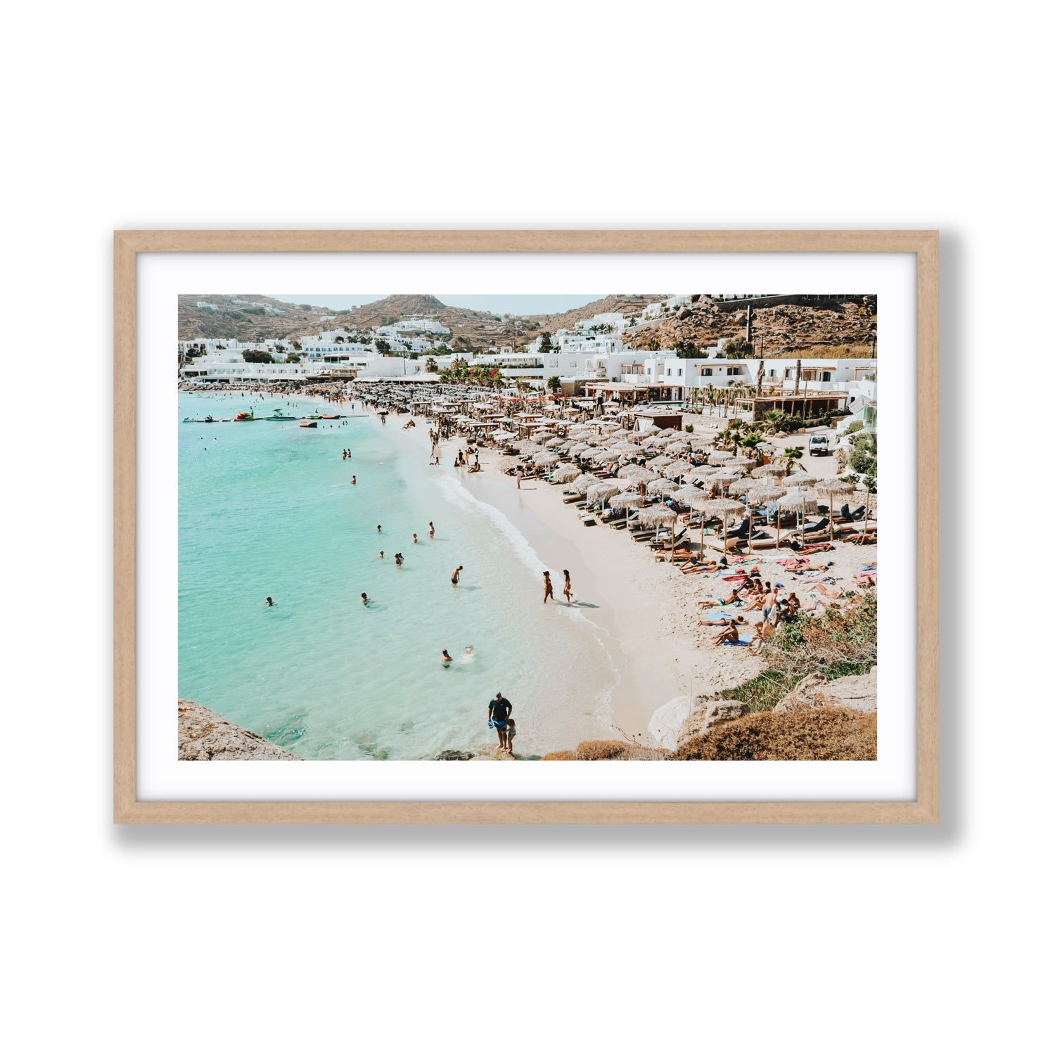 Aquaholic Mykonos Greek island wall art Giant fine art print in natural oak frame with matboard