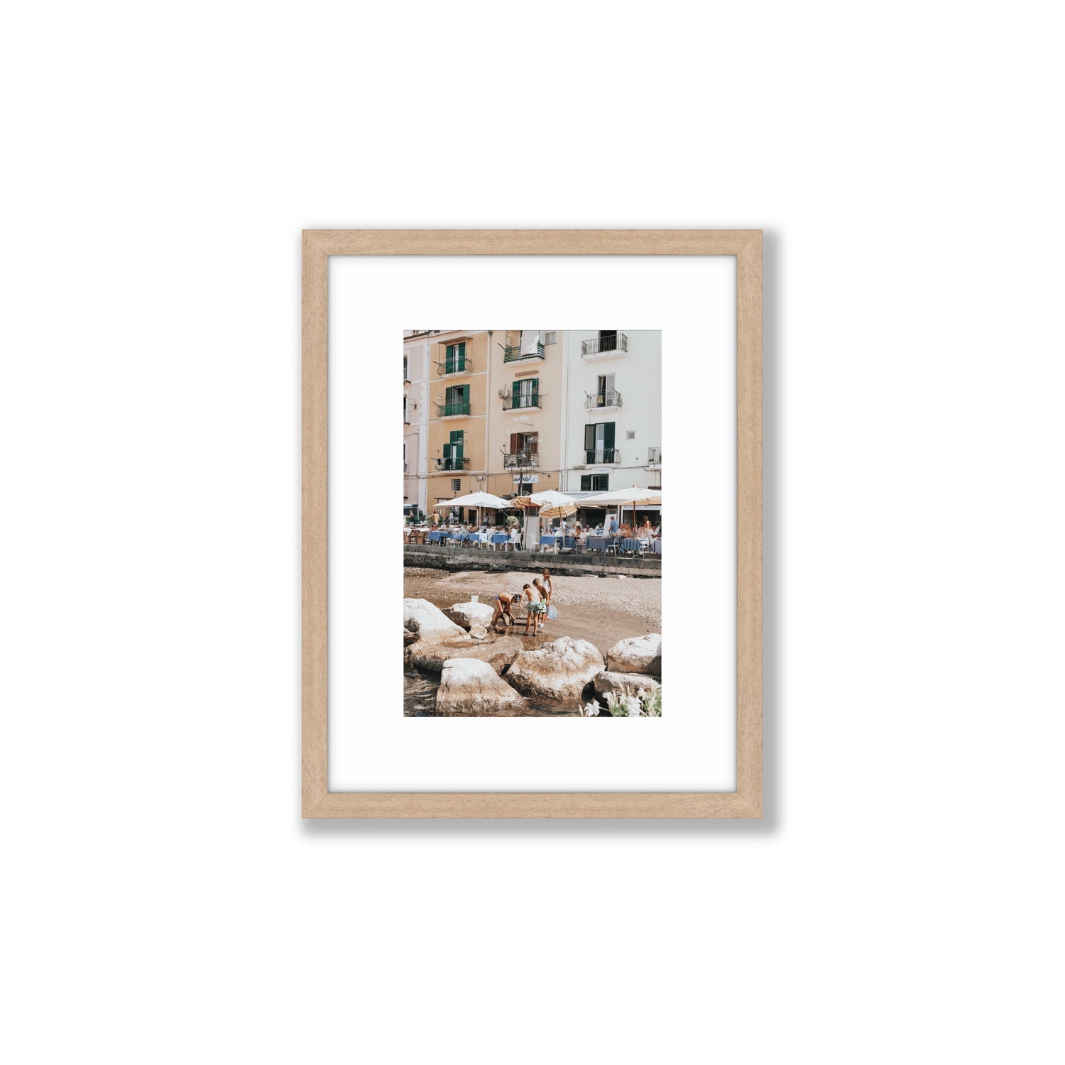 Sunny Playtime Sorrento coastal wall art Small fine art print in natural oak frame with matboard