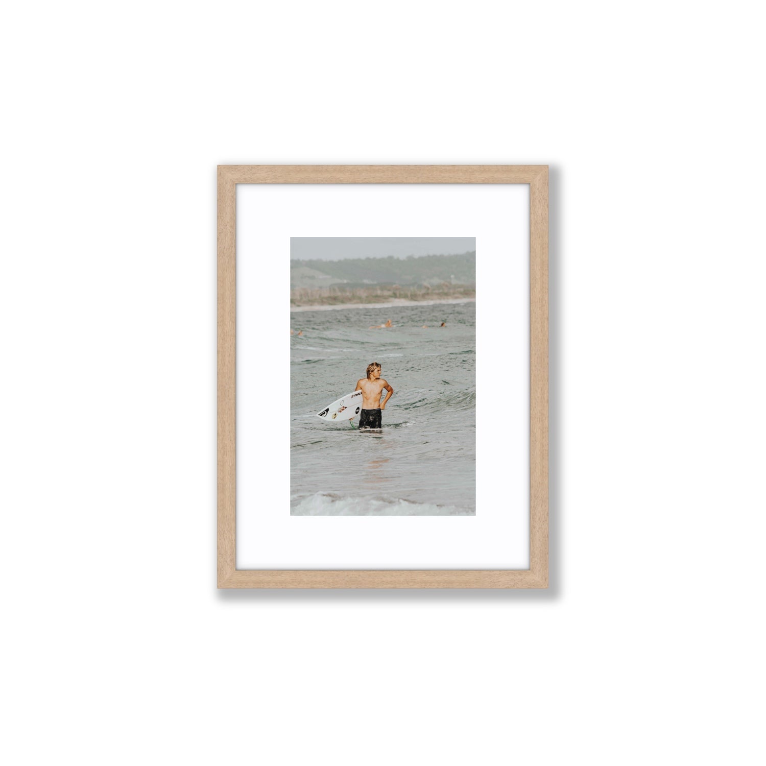 Chasing Mavericks Byron Bay Surf coastal wall art Small fine art print in natural oak frame with matboard
