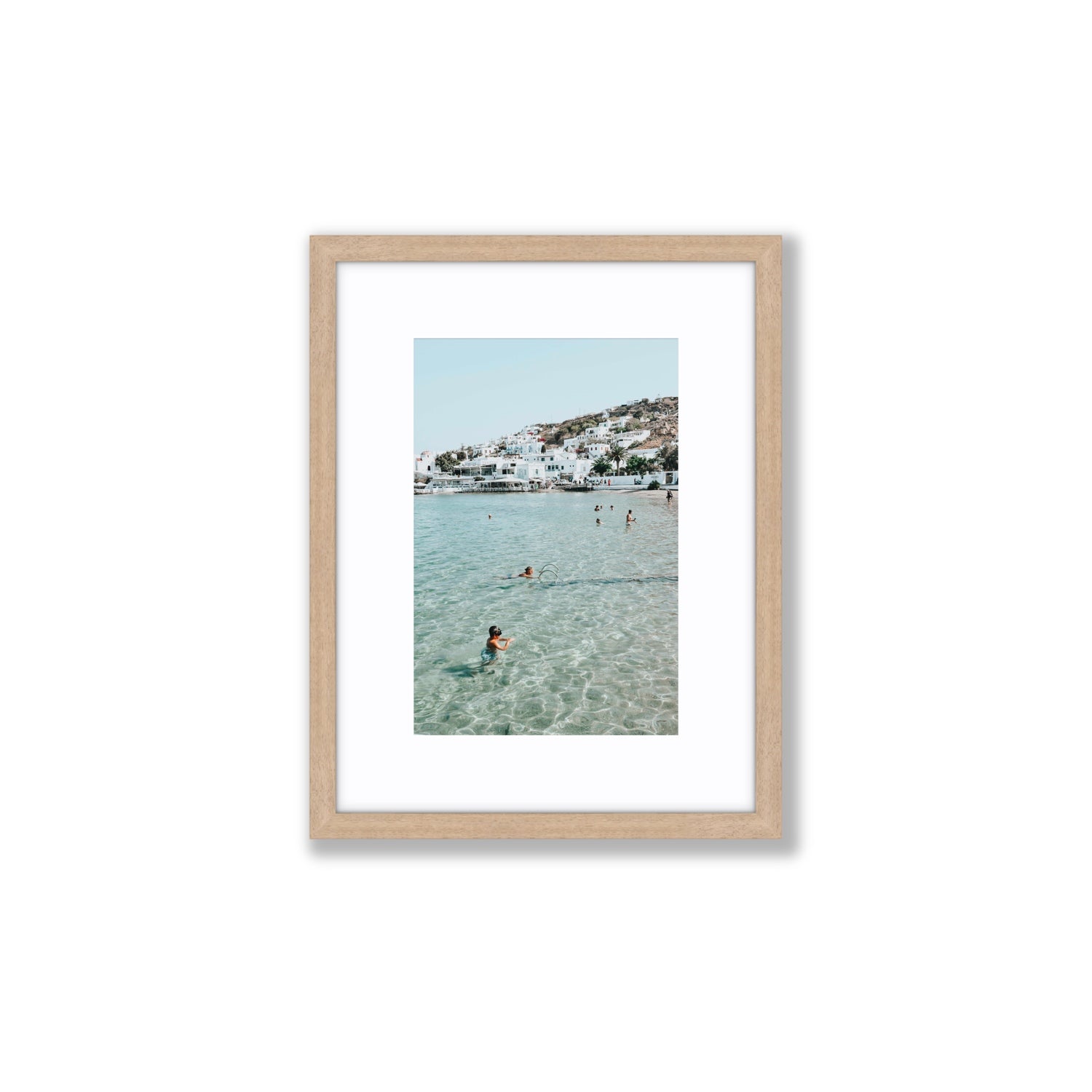 Beside The Seaside Mykonos beach Greek island wall art Small fine art print in natural oak frame with matboard