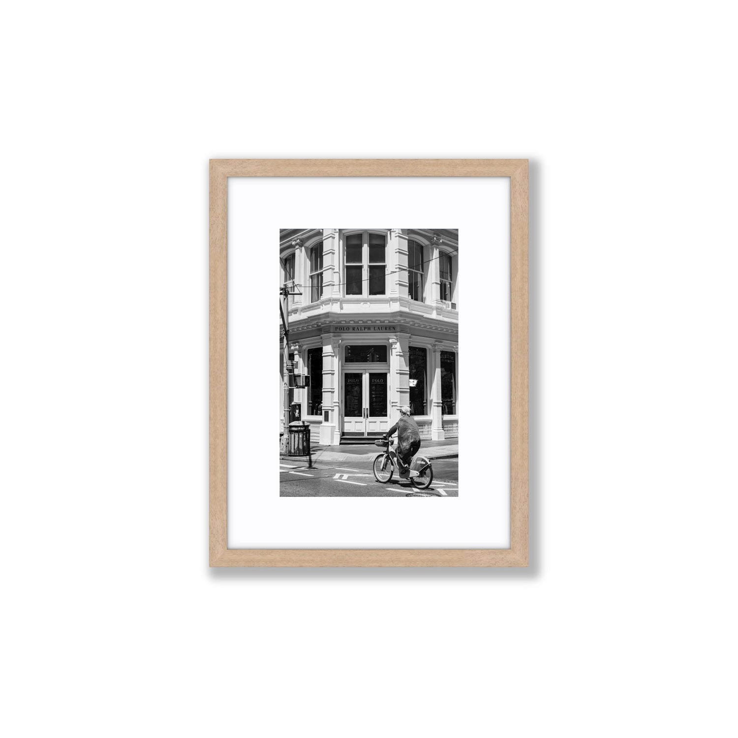 Downtown Rider New York NYC Black & White wall art Small fine art print in natural oak frame with matboard