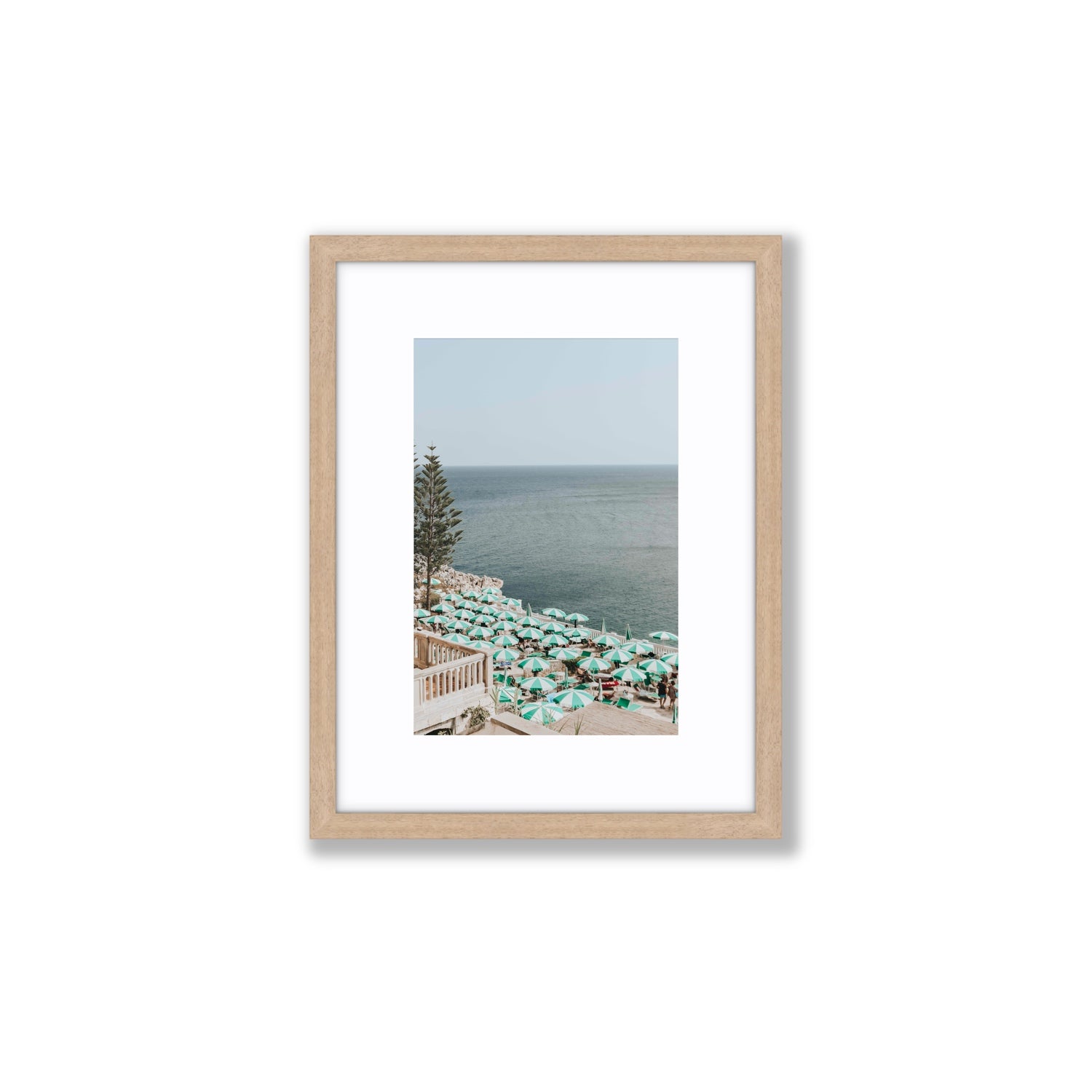 Sun-drenched Stripes Puglia beach coastal wall art Small fine art print in natural oak frame with matboard