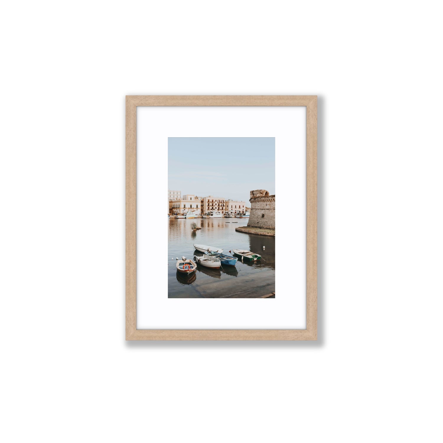 Gallipoli Harbour Puglia coastal wall art Small fine art print in natural oak frame with matboard