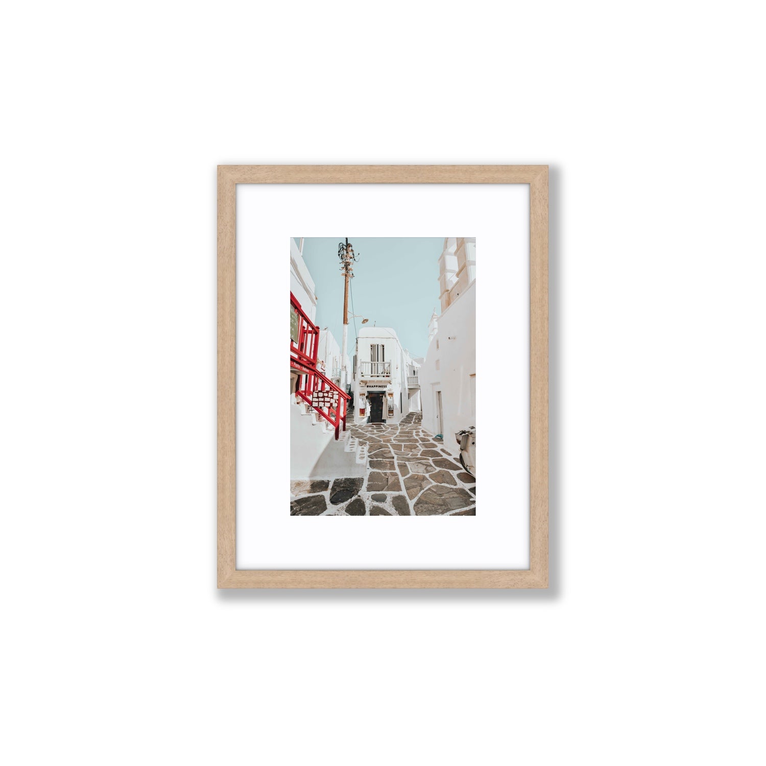 Happiness Mykonos Greek island wall art Small fine art print in natural oak frame with matboard