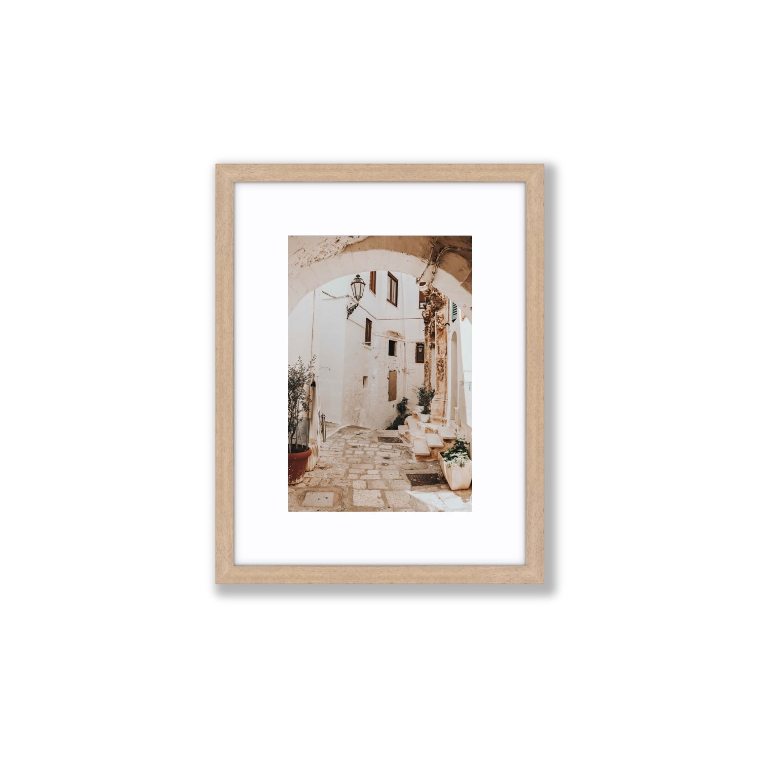 Pathway Wander Puglia Ostuni wall art Small fine art print in natural oak frame with matboard