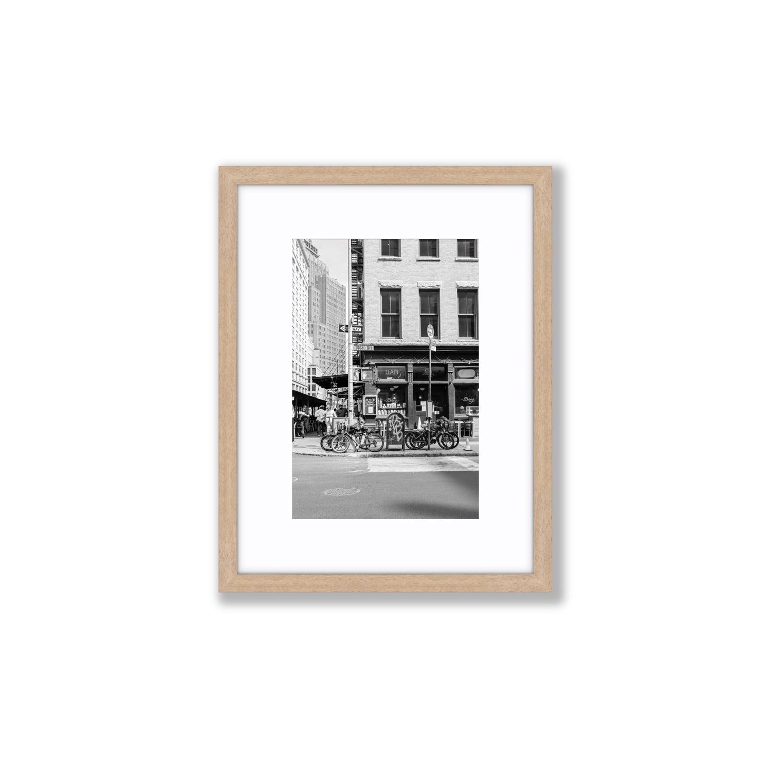 Bites Of The Big Apple New York NYC Black & White wall art Small fine art print in natural oak frame with matboard