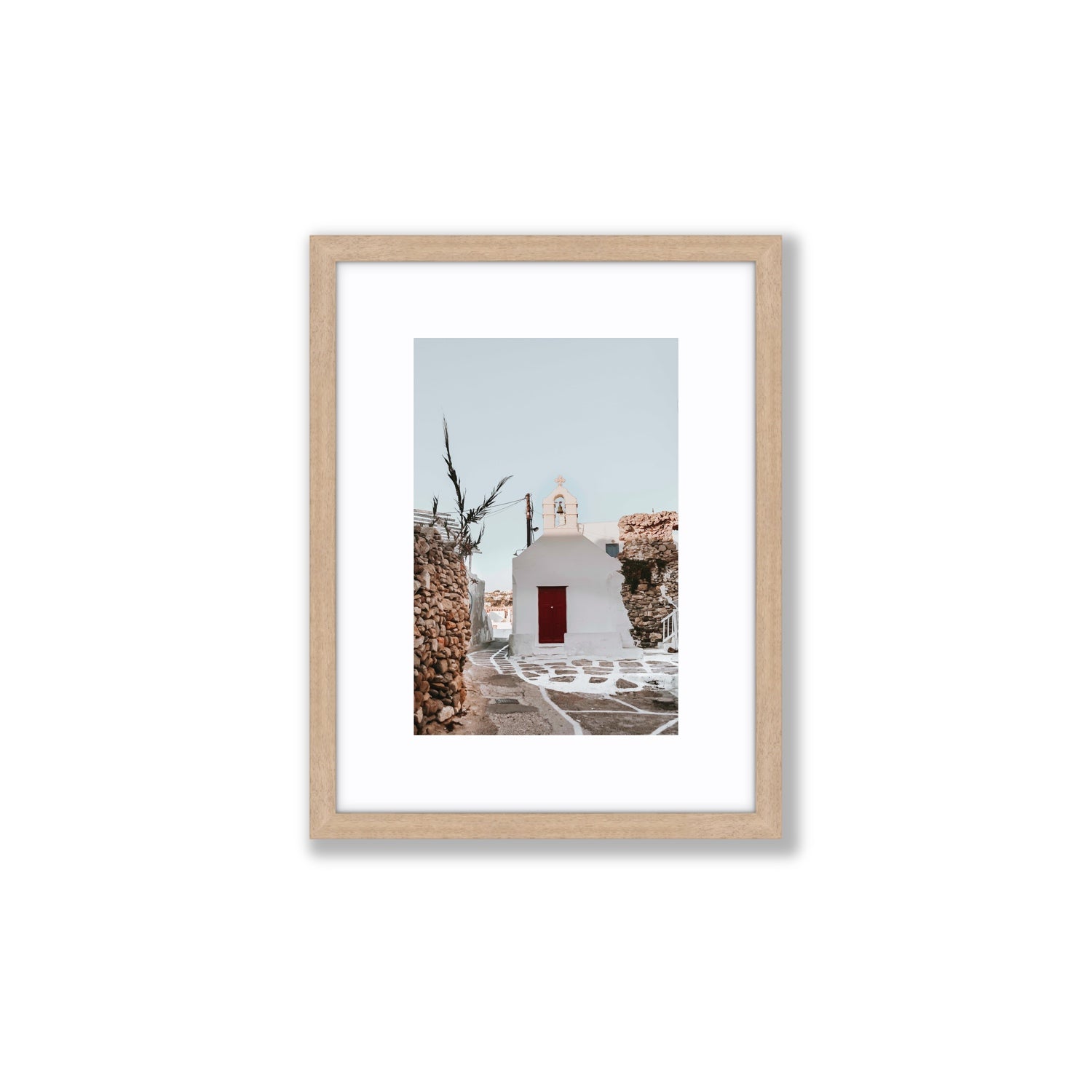 Little Chapel Mykonos Greek island wall art Small fine art print in natural oak frame with matboard