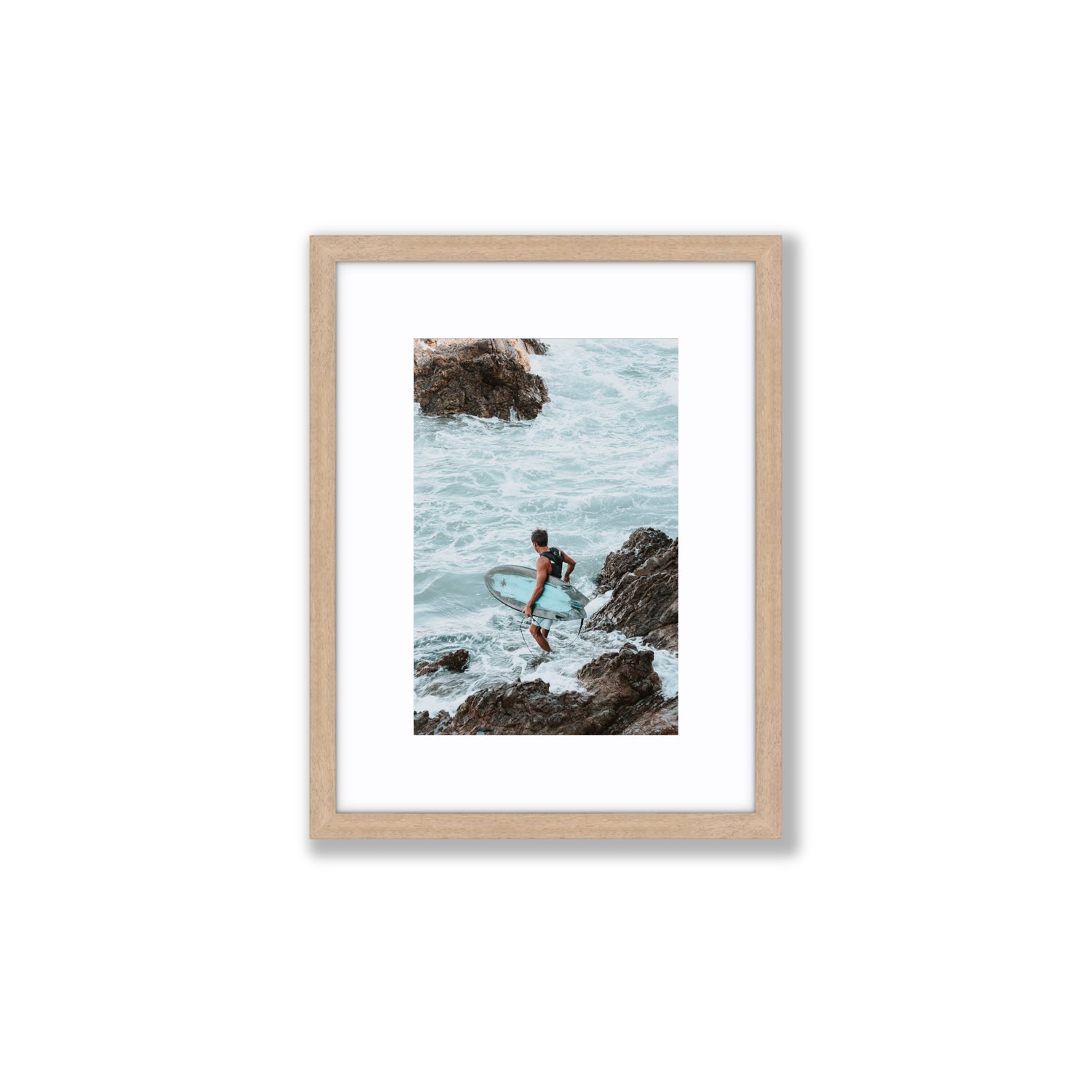 Into The Soup Byron Bay Surf coastal wall art Small fine art print in natural oak frame with matboard