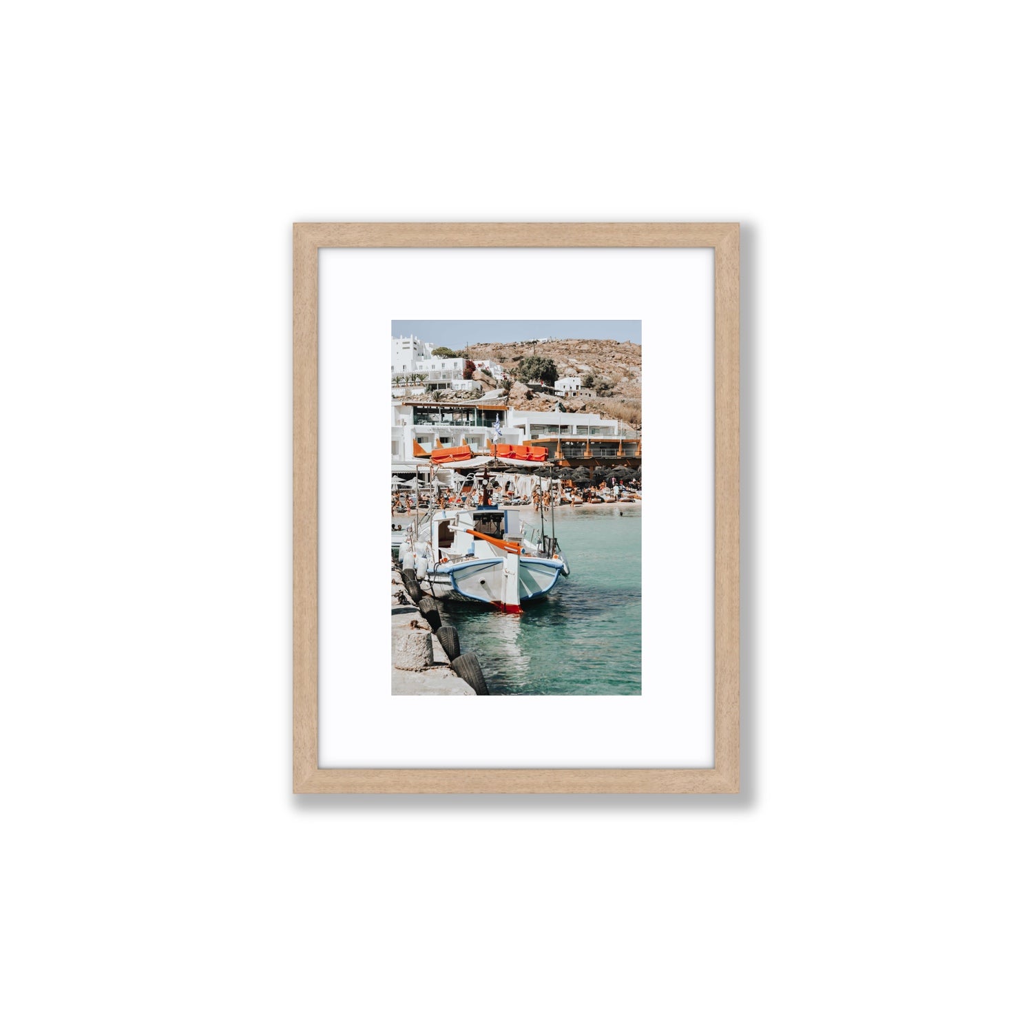 Travel In Style Mykonos Greek island wall art Small fine art print in natural oak frame with matboard