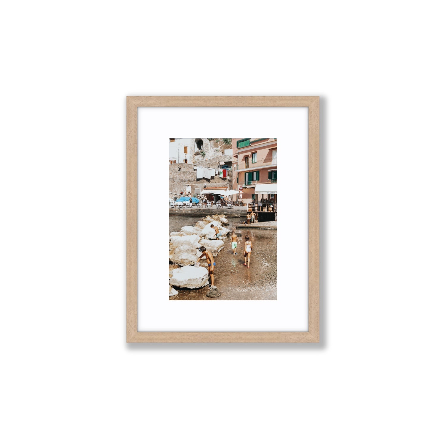 The Beachcombers Sorrento beach coastal wall art Small fine art print in natural oak frame with matboard