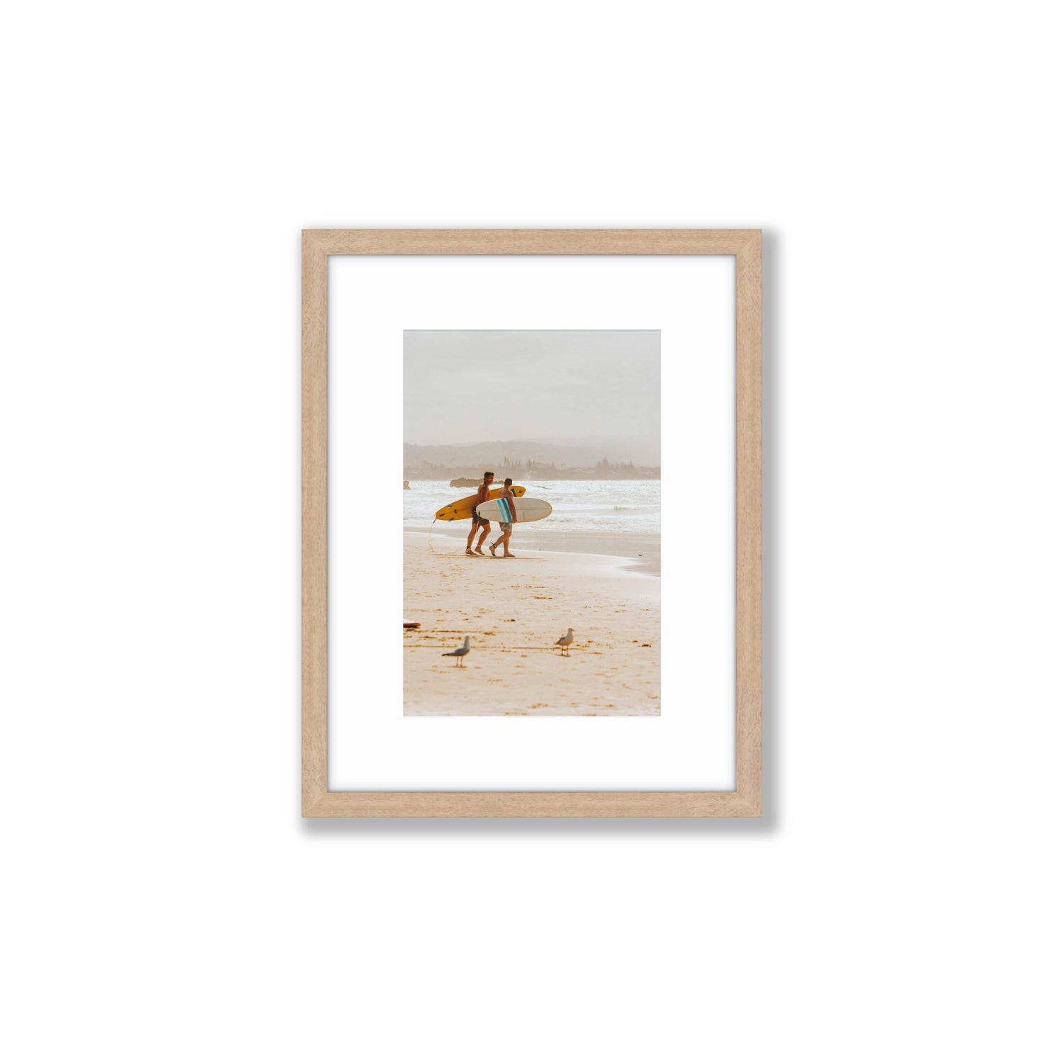Shane & Benji Byron Bay Surf coastal wall art Small fine art print in natural oak frame with matboard