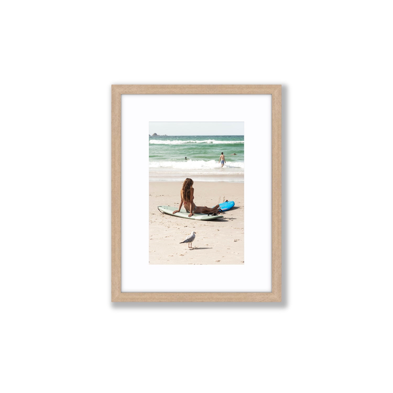 Carissa Byron Bay Surf coastal wall art Small fine art print in natural oak frame with matboard