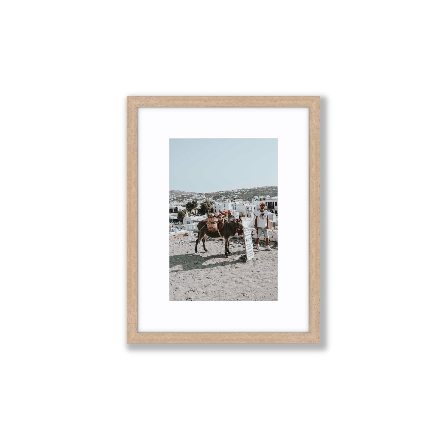 Let The Journey Begin Mykonos Greek island wall art Small fine art print in natural oak frame with matboard