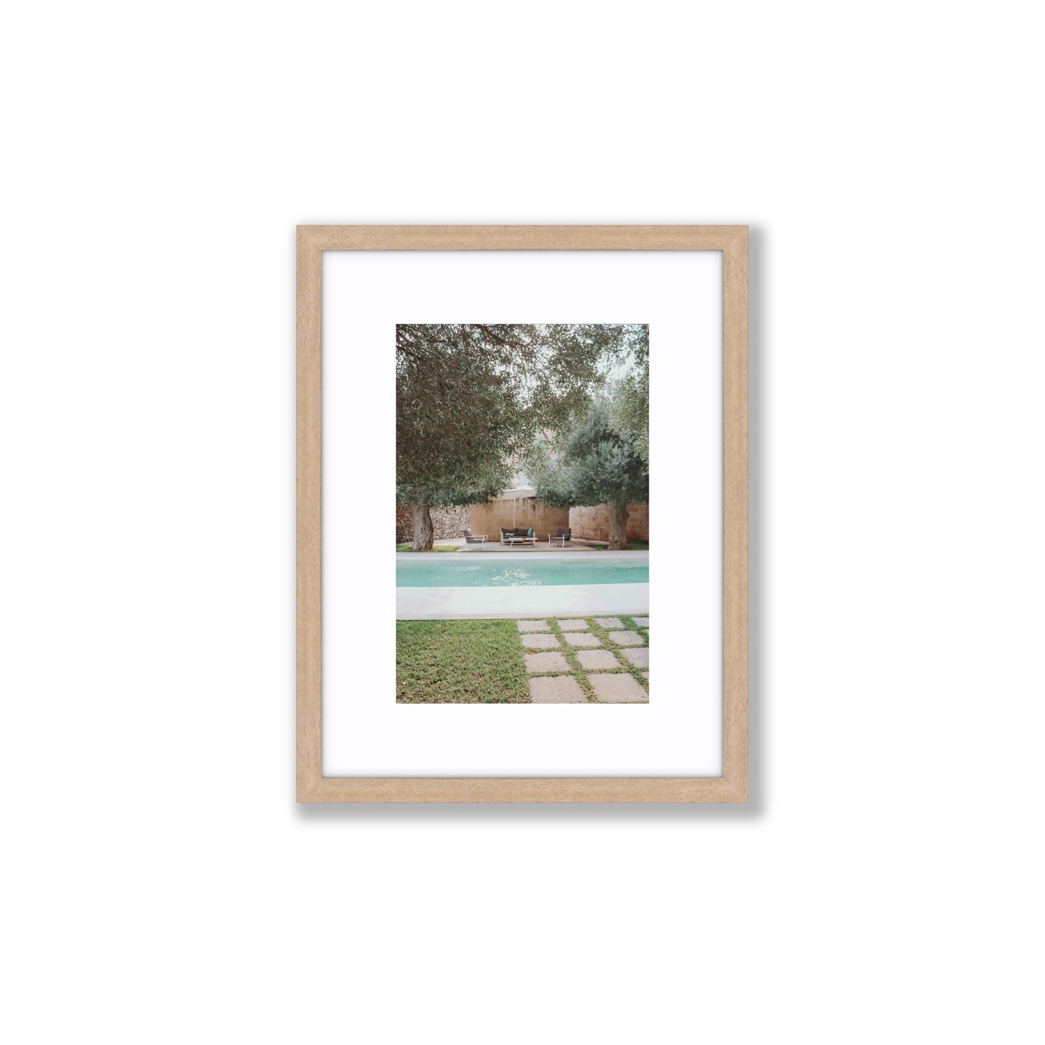 Idyllic Escape Puglia Mediterranean wall art Small fine art print in natural oak frame with matboard