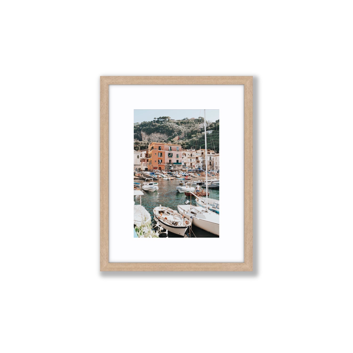 Marina Grande Sorrento coastal Italian wall art Small fine art print in natural oak frame with matboard