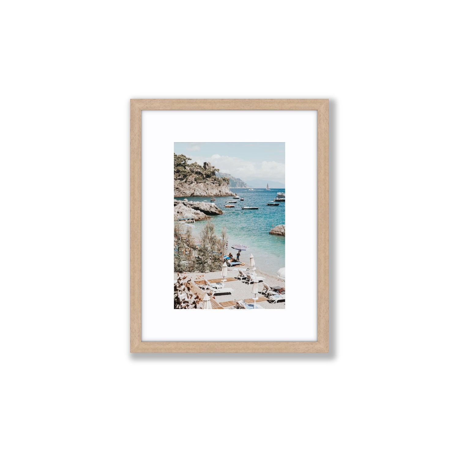 Sizzling Summer Days Amalfi coastal wall art Small fine art print in natural oak frame with matboard