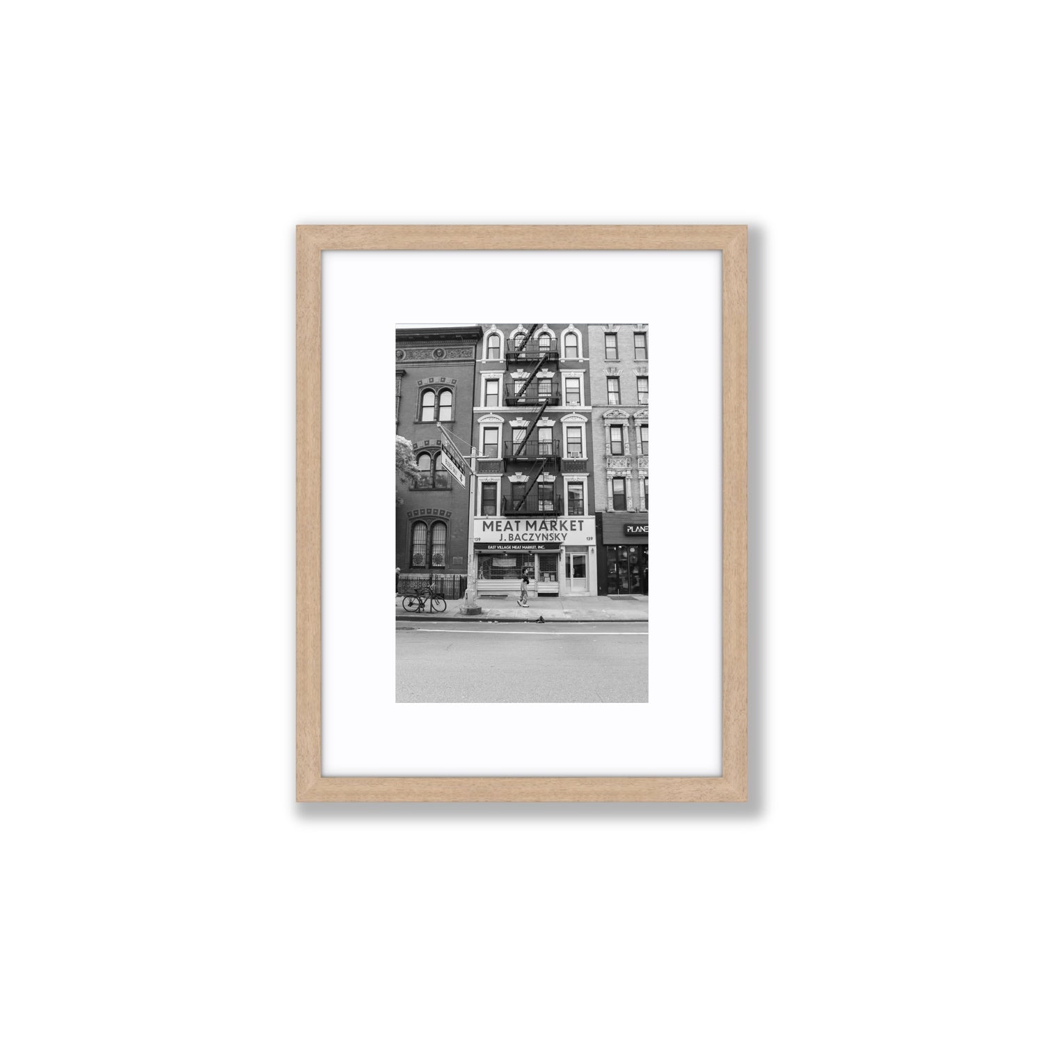 Vertical Village New York NYC Black & White wall art Small fine art print in natural oak frame with matboard
