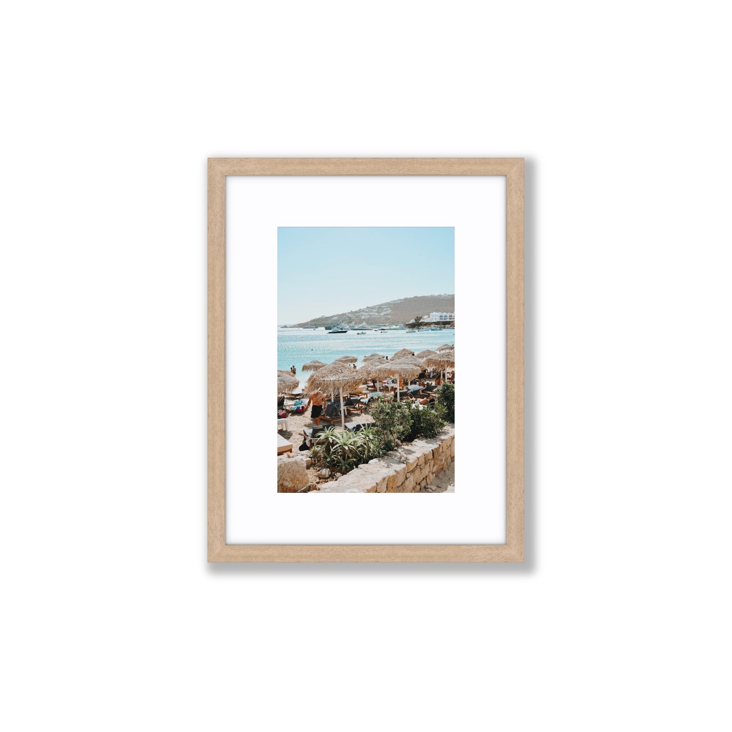 Beachside Huts Mykonos Greek island wall art Small fine art print in natural oak frame with matboard