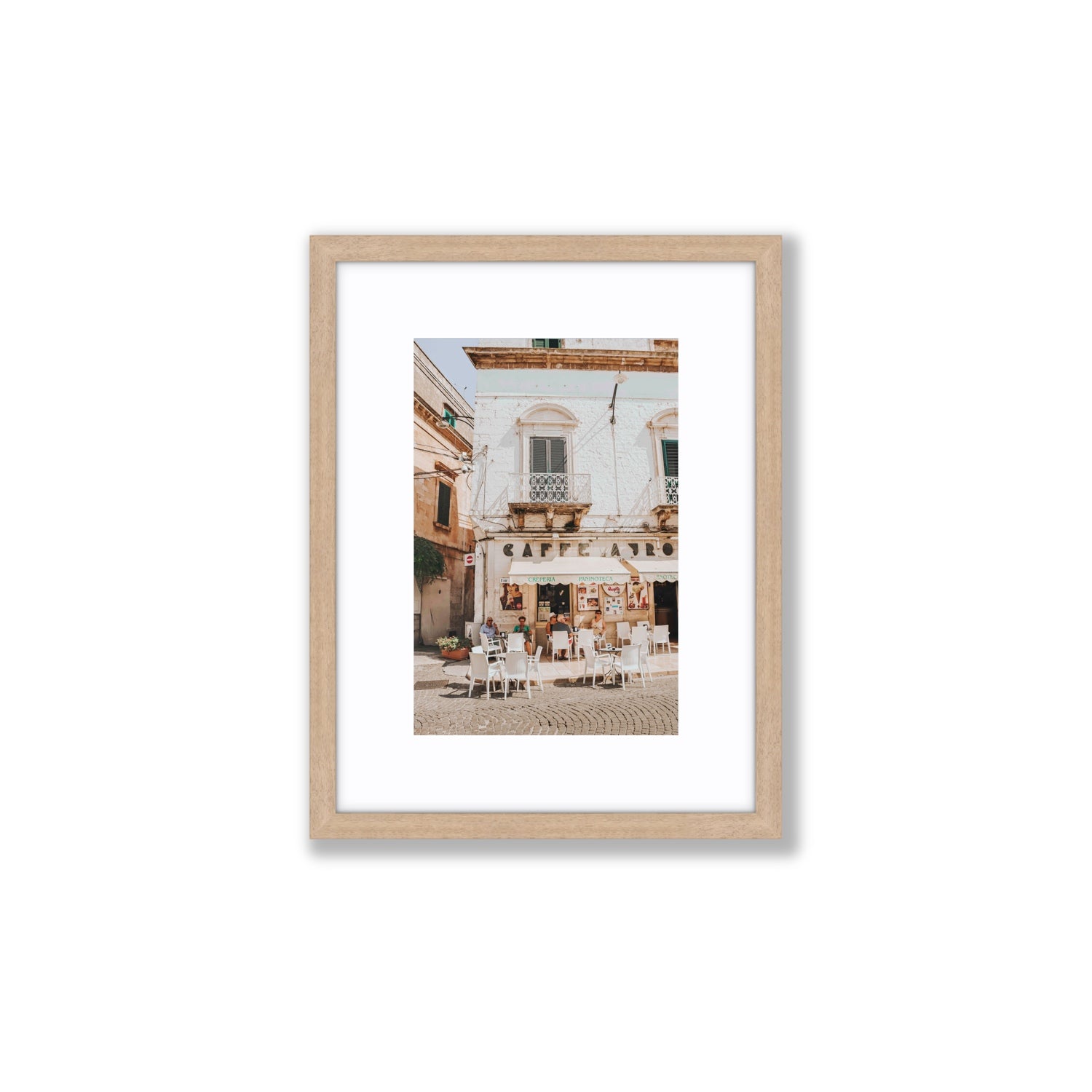 Cafe Ostuni Puglia Café Ostuni Italian wall art Small fine art print in natural oak frame with matboard