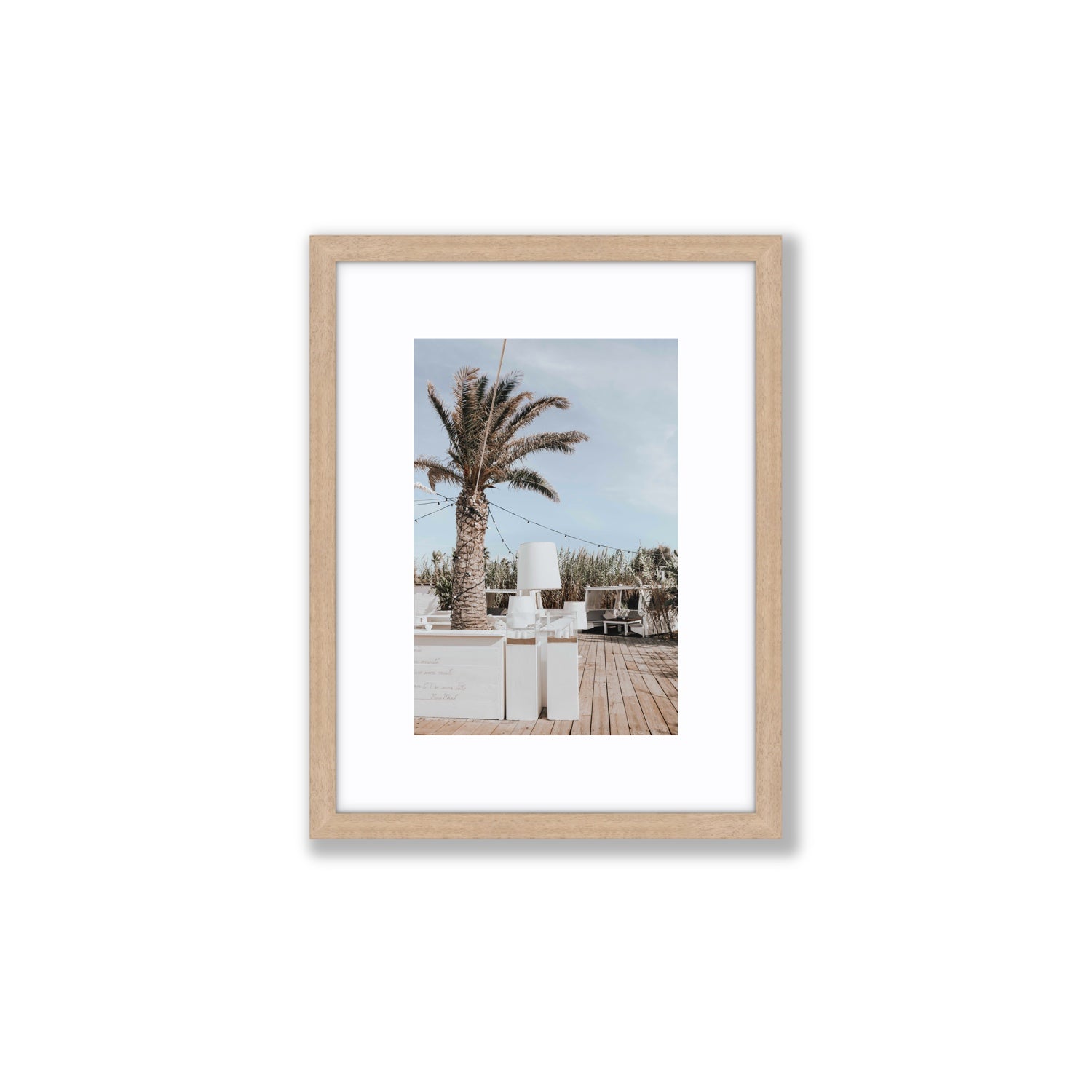 Seabreeze Palm Puglia coastal beach wall art Small fine art print in natural oak frame with matboard